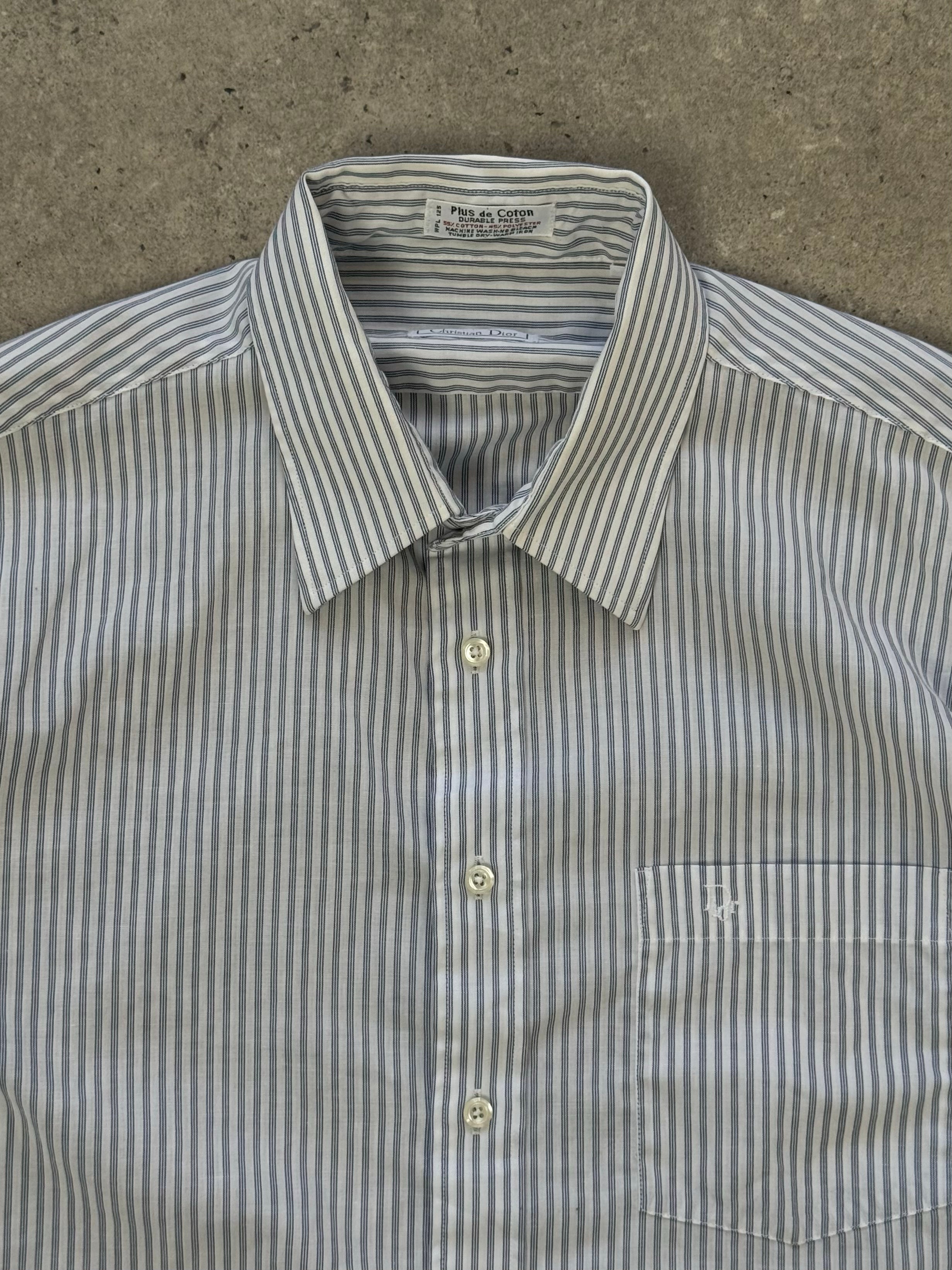 Christian Dior 1990s cotton striped logo shirt, beige and white with button-up front and long sleeves, size L.