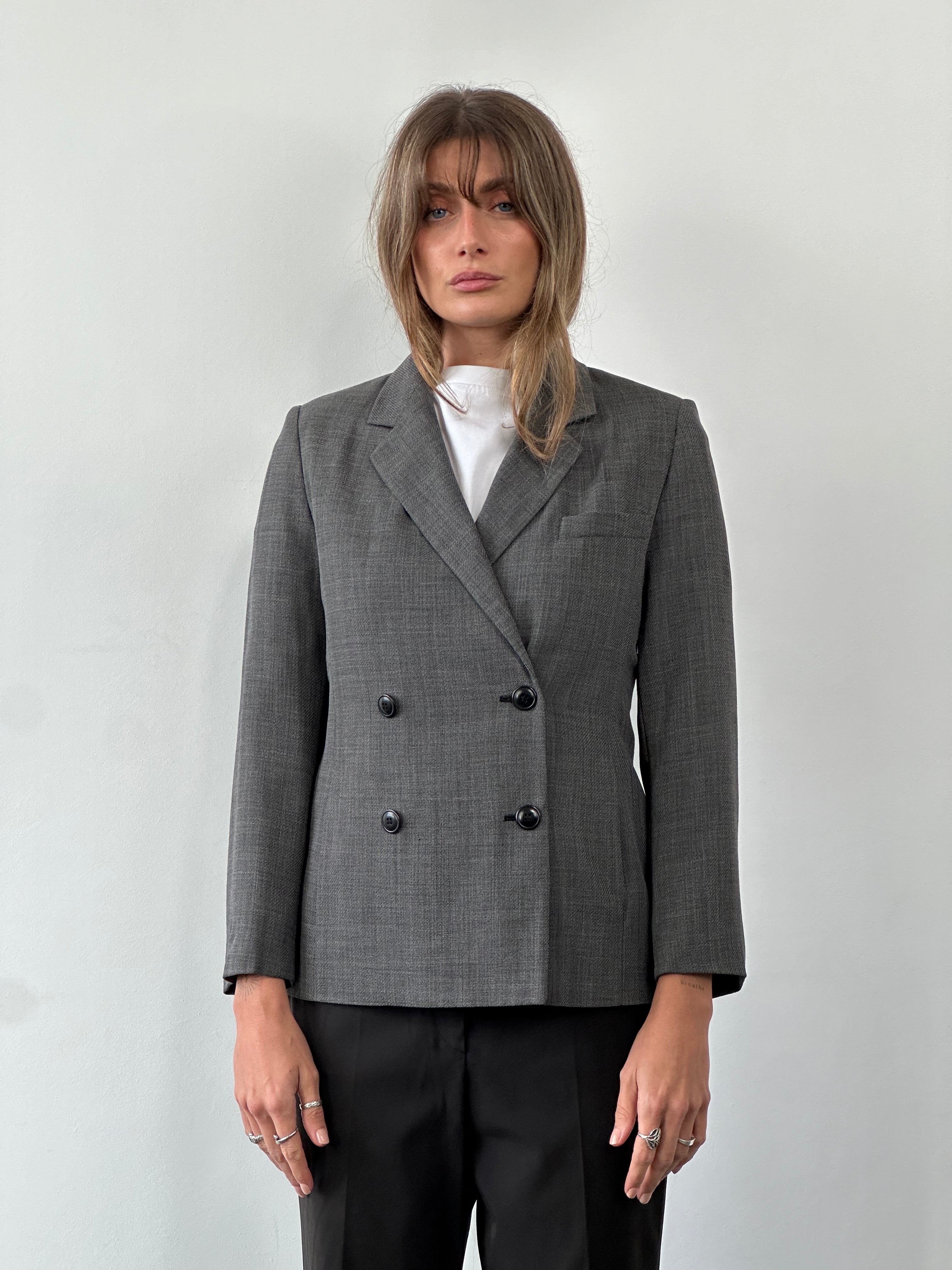 Max Mara wool double-breasted blazer in size S, tailored fit with notch lapels and button closure, shown on a neutral background.