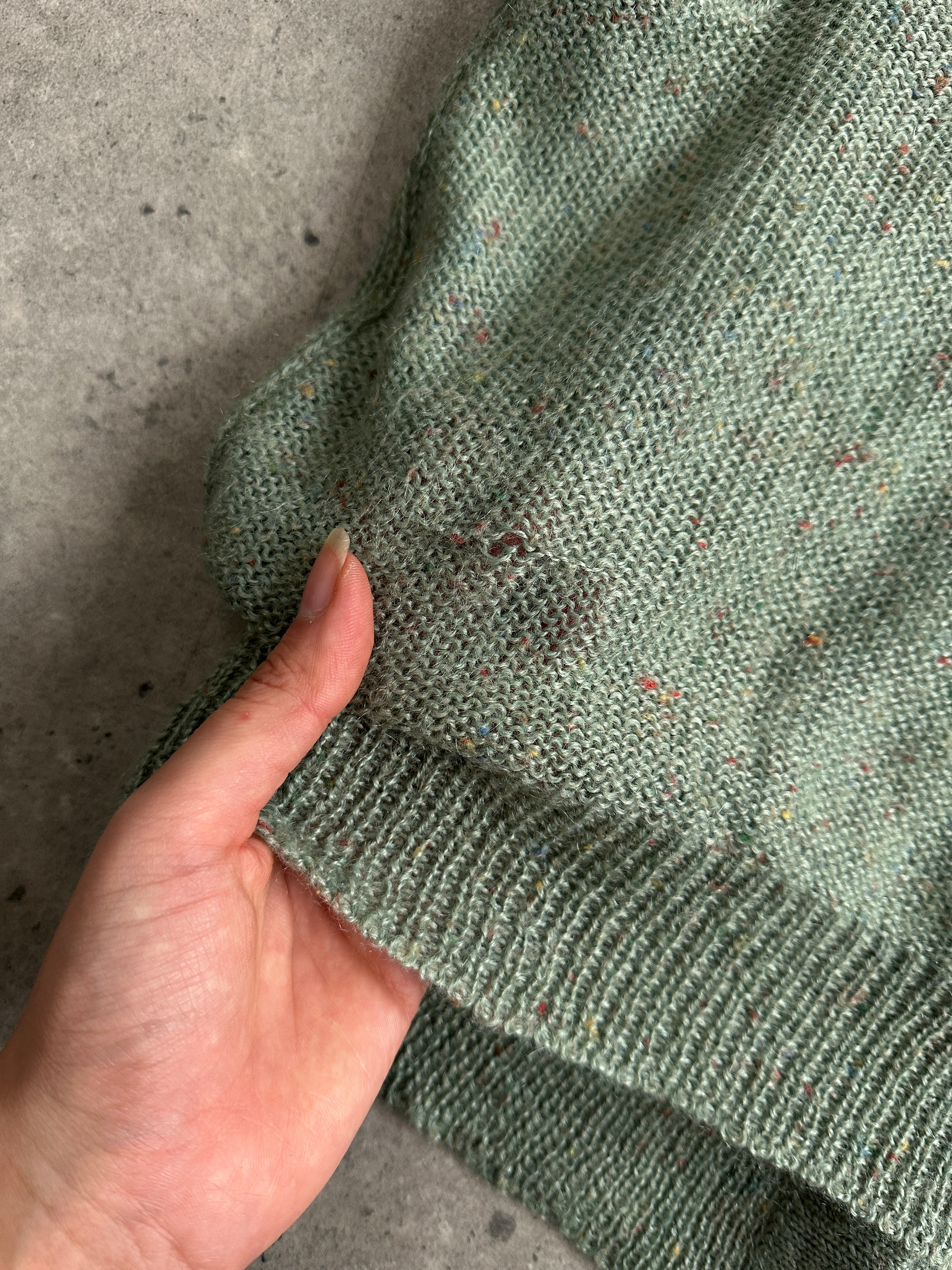 Vintage wool mohair speckle cardigan in size L, featuring a cozy knit texture and multicolored speckle pattern.