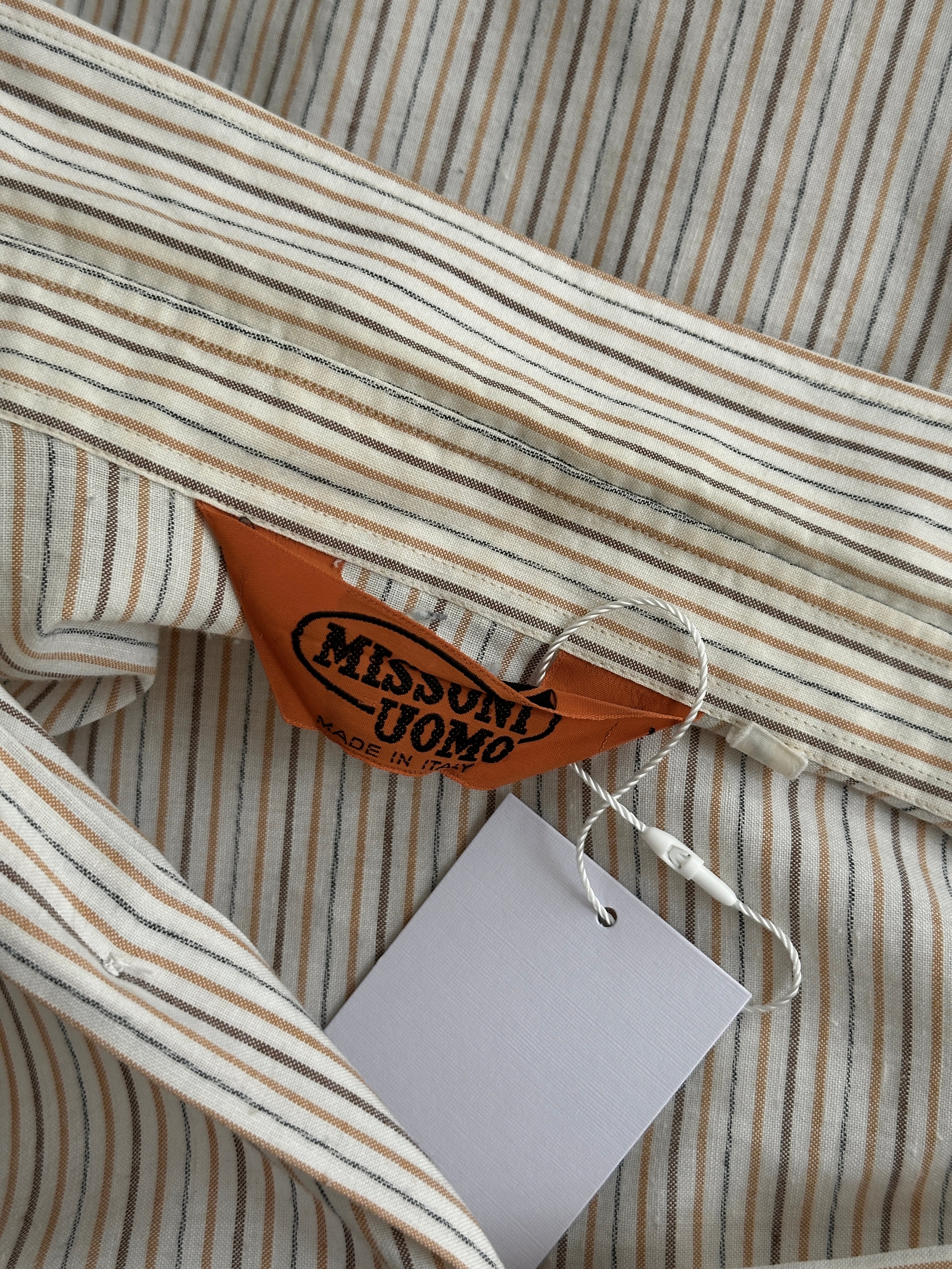 Missoni 90s cotton striped shirt in size L/XL, featuring colorful horizontal stripes and classic Missoni knit fabric.