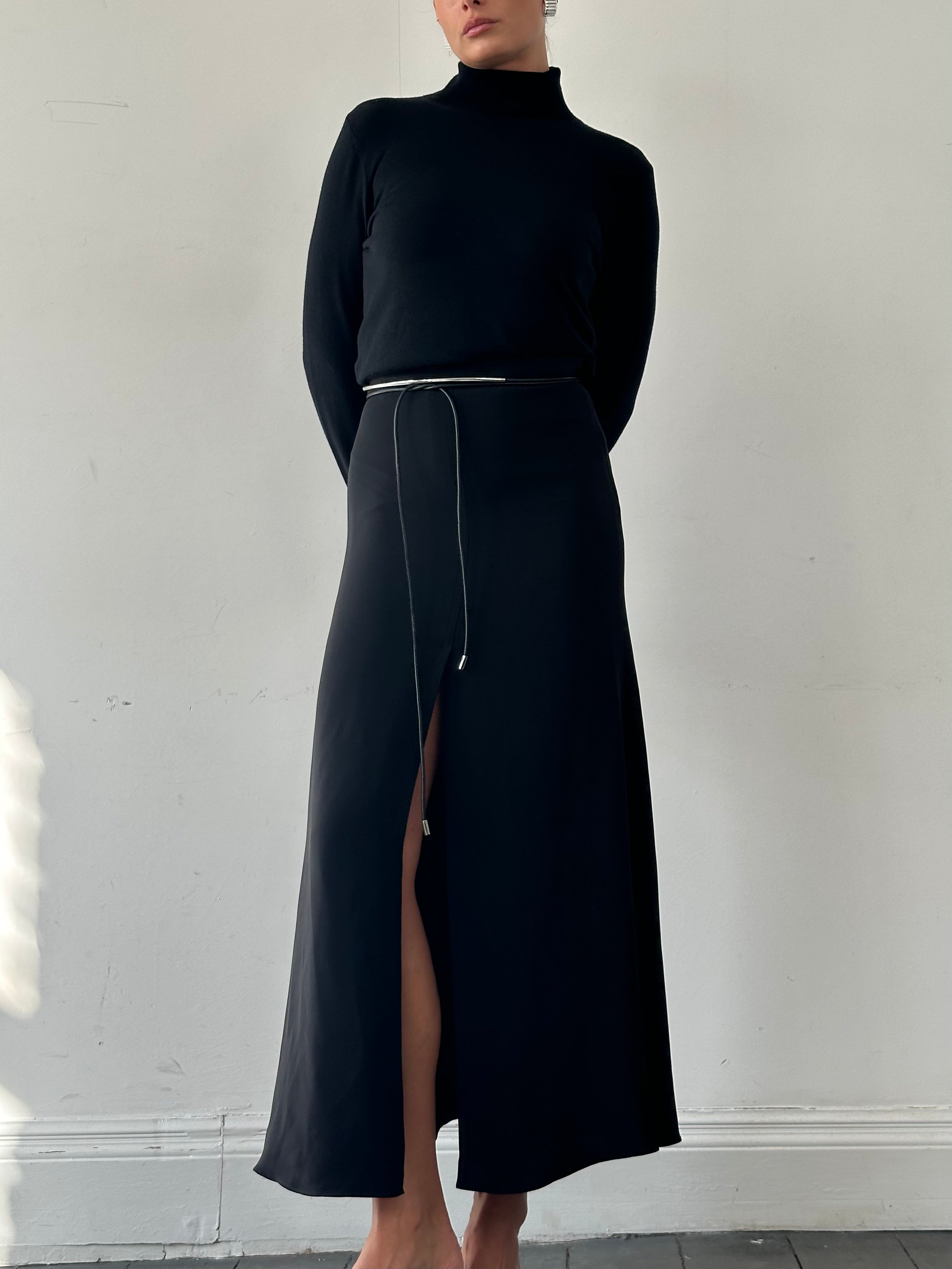Giorgio Armani SS2023 pure silk split front A-line maxi skirt in W26, featuring a flowing design and elegant silhouette.