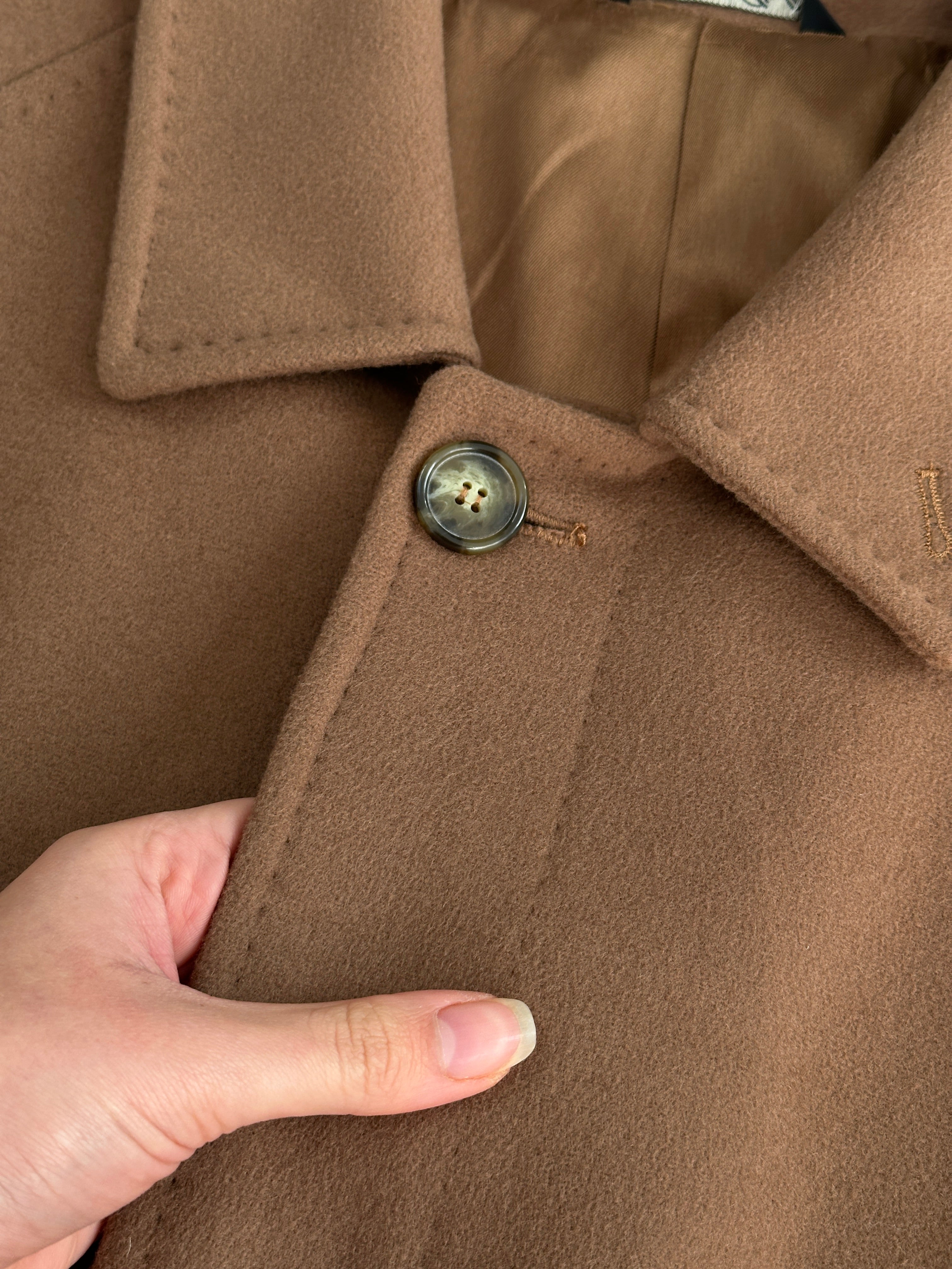 Vintage Italian 1990s wool cashmere belted coat in XL, classic style with a tailored fit and textured fabric.
