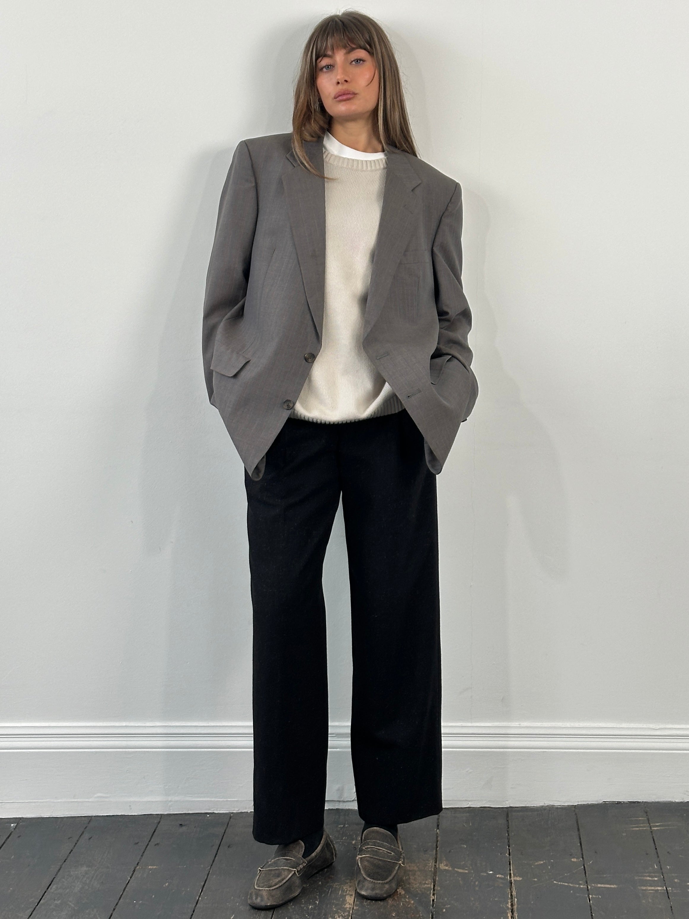 Christian Dior Monsieur 1990s striped single-breasted blazer in size 44R/XL displayed on a hanger.