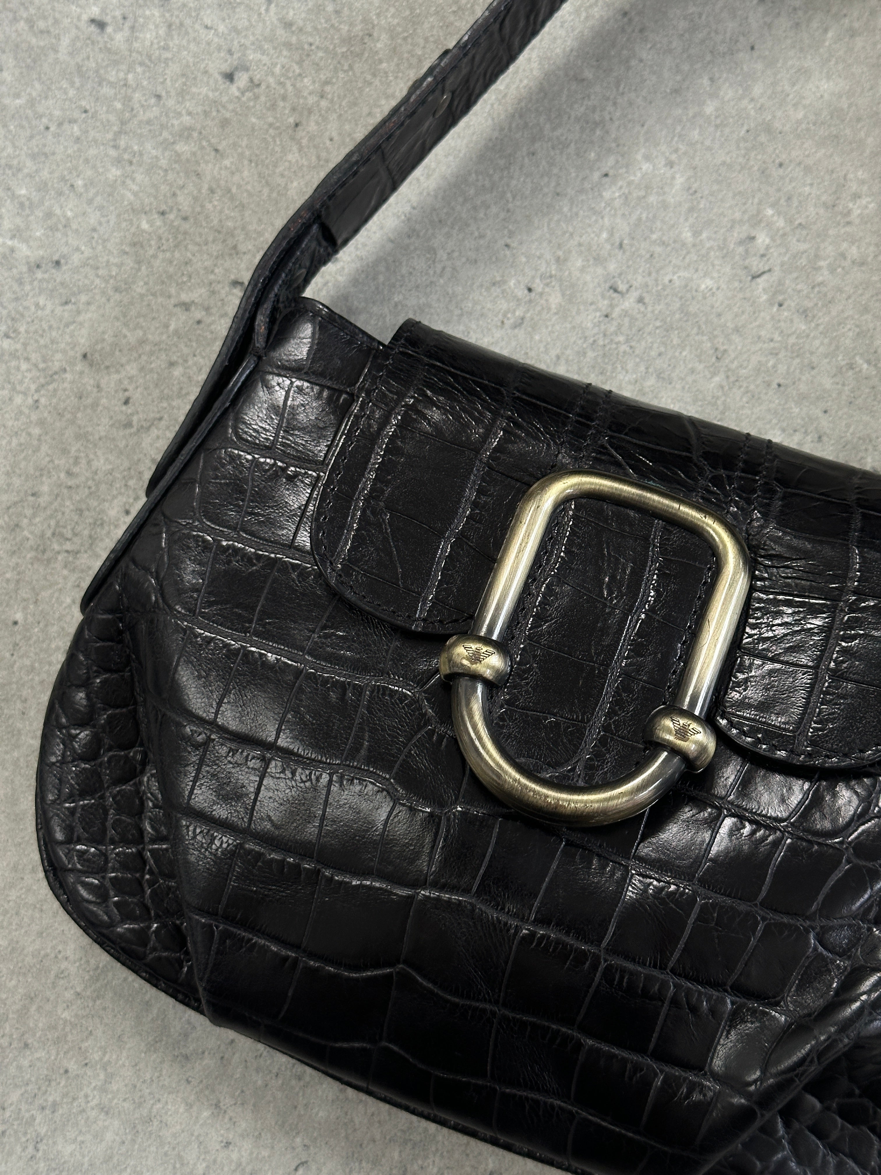 Emporio Armani 1990s croc leather shoulder bag with hardware accents, stylish and luxurious accessory for women.