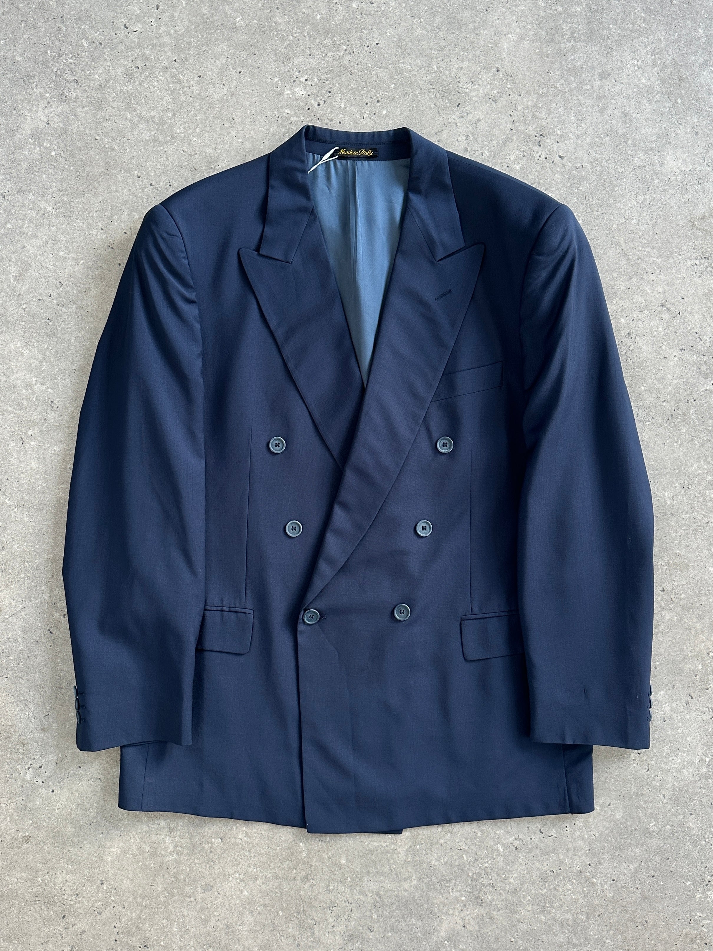 Vintage 1990s Italian double-breasted blazer in pure Tasmanian wool, size 42R/XL, featuring classic tailored design.