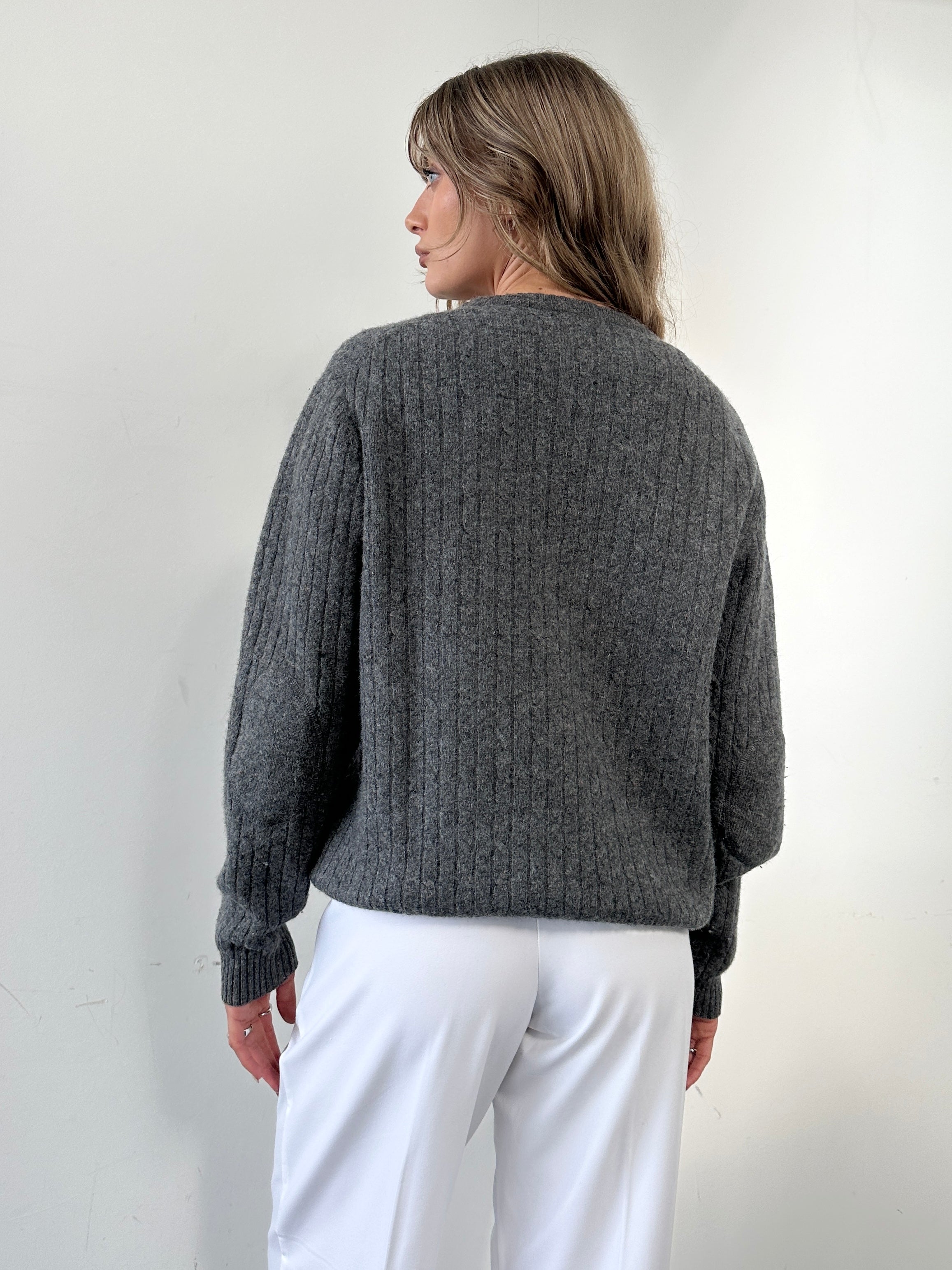 Jaeger wool speckle knit jumper in size large, featuring a cozy textured design and classic crew neck style.