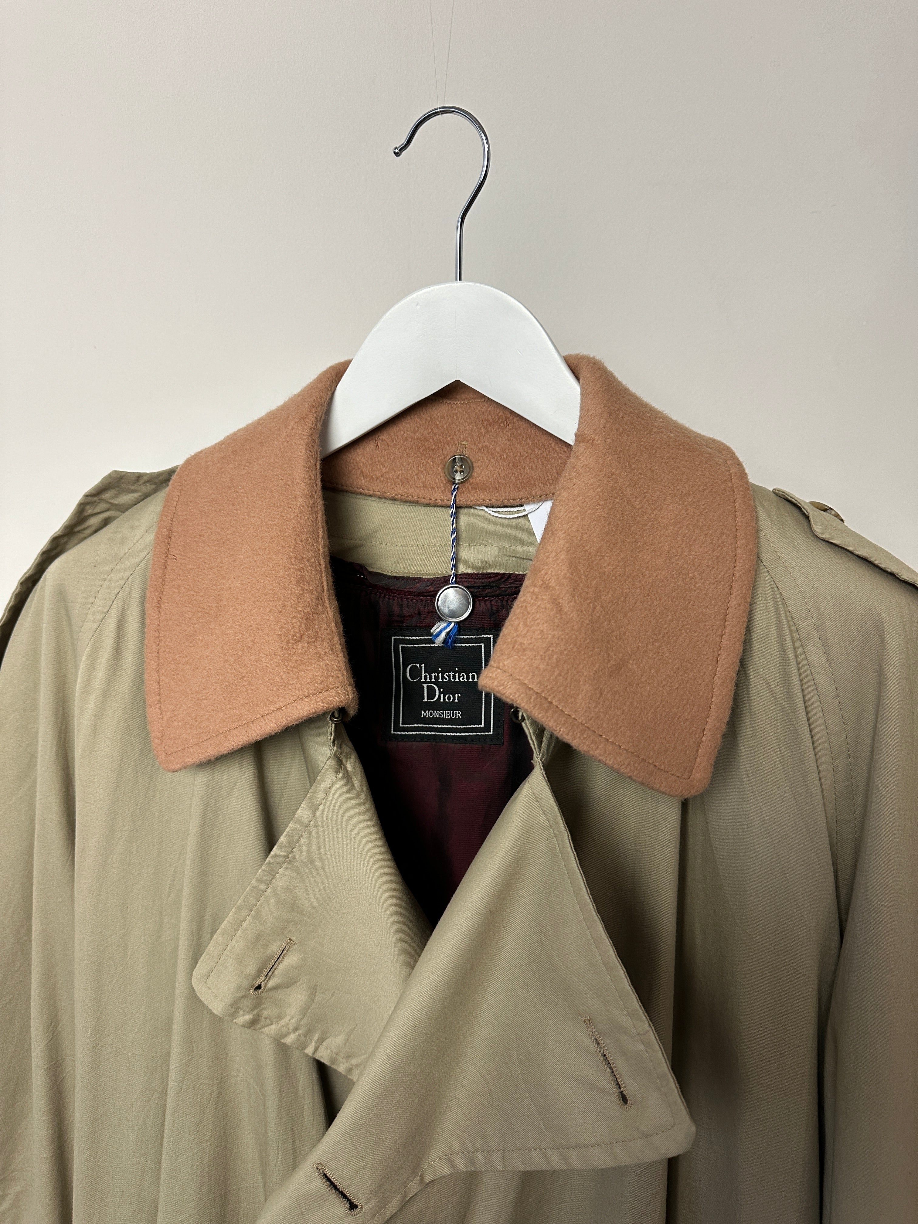 Christian Dior double-breasted pure cotton floor-length trench coat in XXL, showing the classic tailored design and beige color.