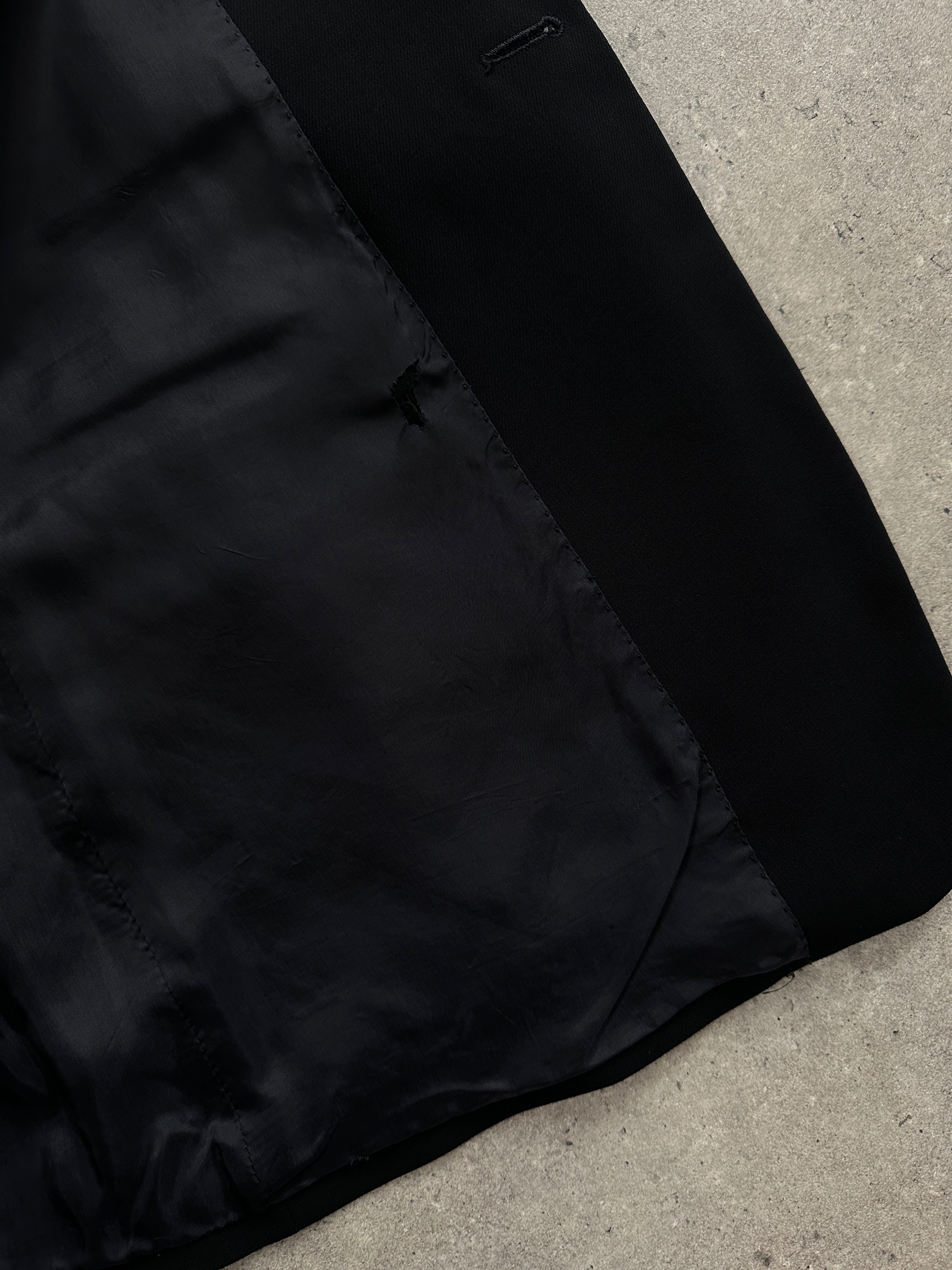 Emporio Armani 1990s pure wool single-breasted suit jacket in size 36R, shown on a hanger with front view and classic lapel details.
