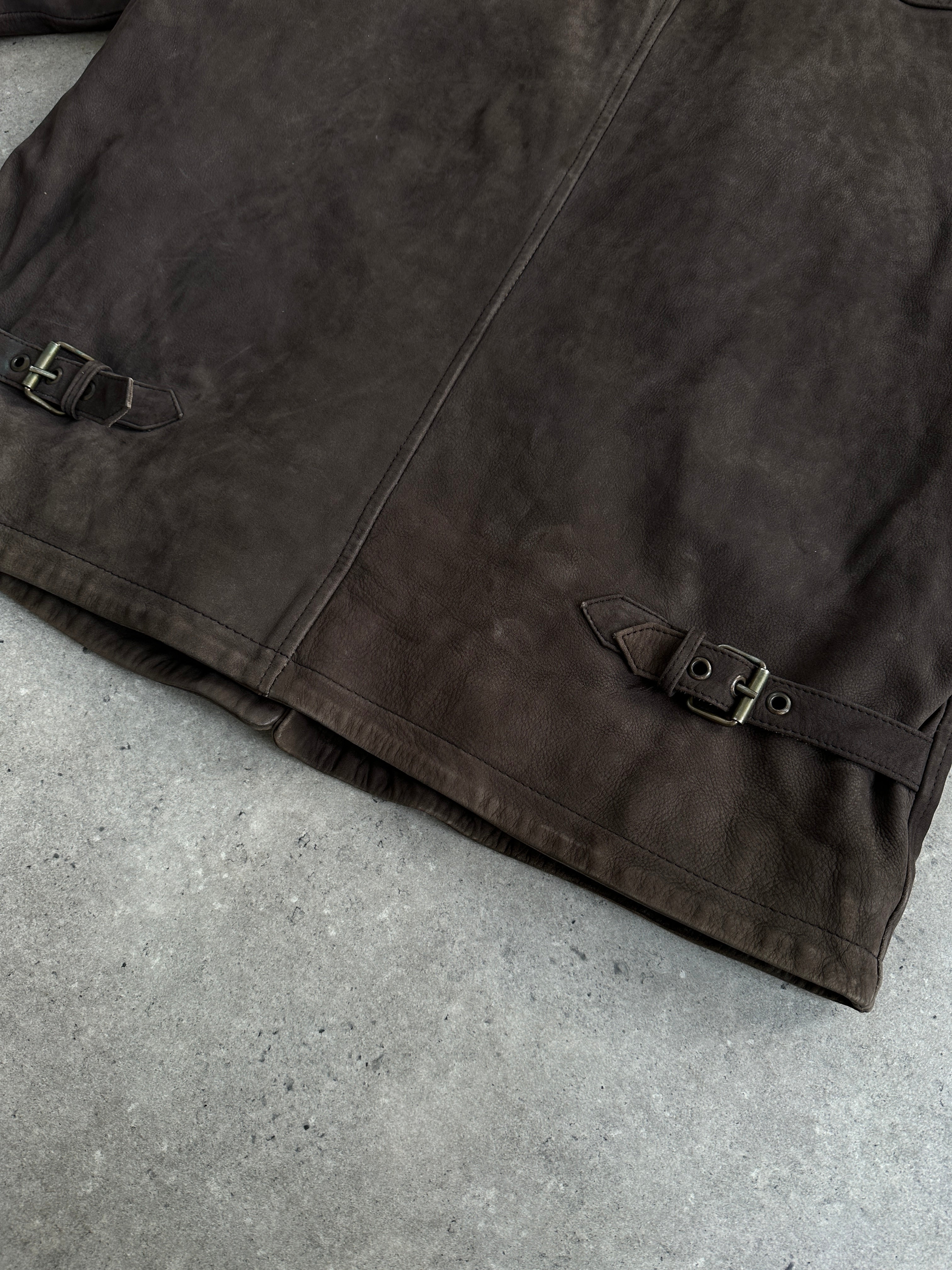 Vintage Nubuck leather jacket in XL size featuring a classic design with a smooth, textured finish and stylish collar details.