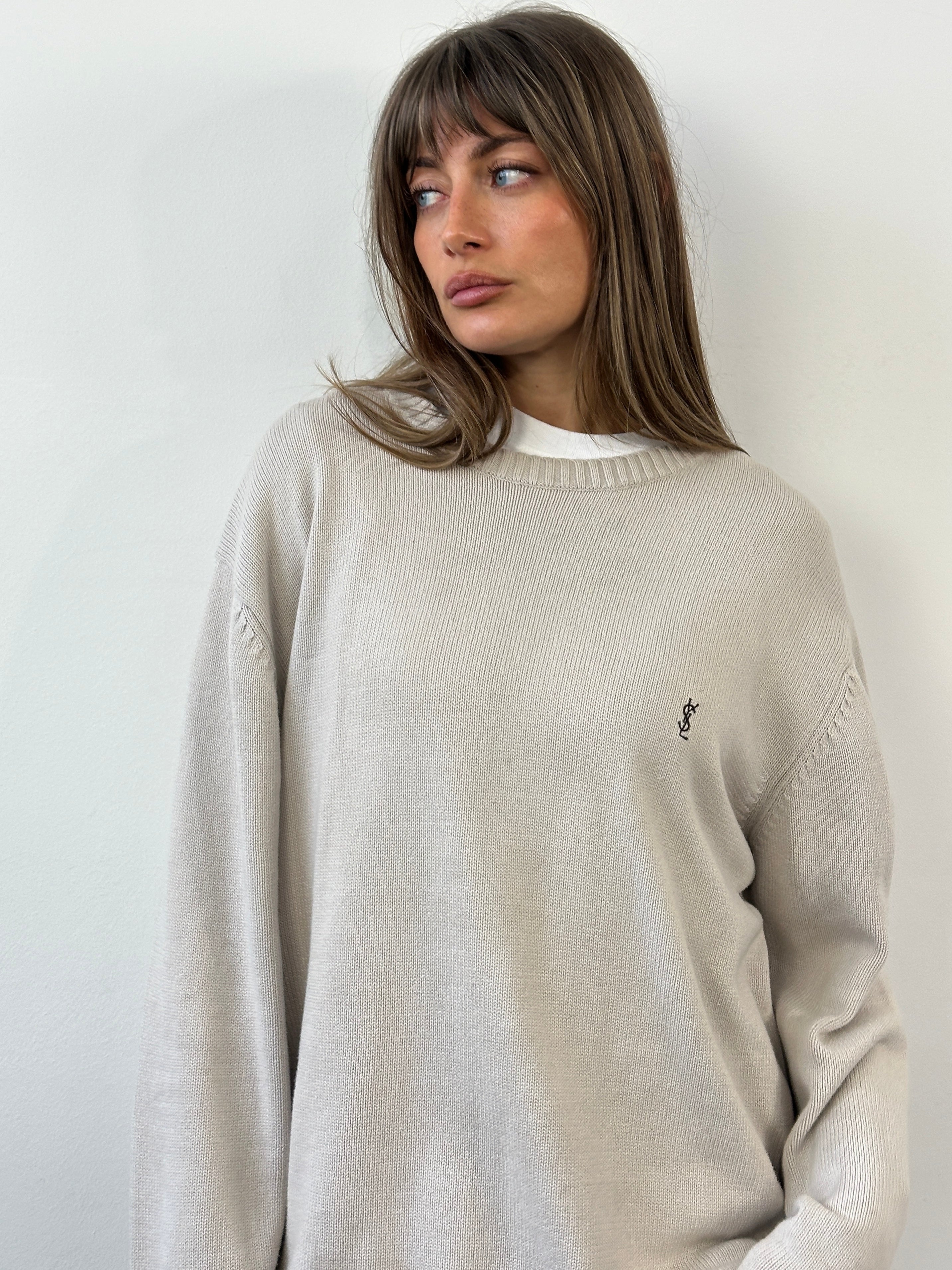 Yves Saint Laurent Pour Homme 1990s pure cotton knitted logo jumper in XL, featuring classic design and YSL branding.