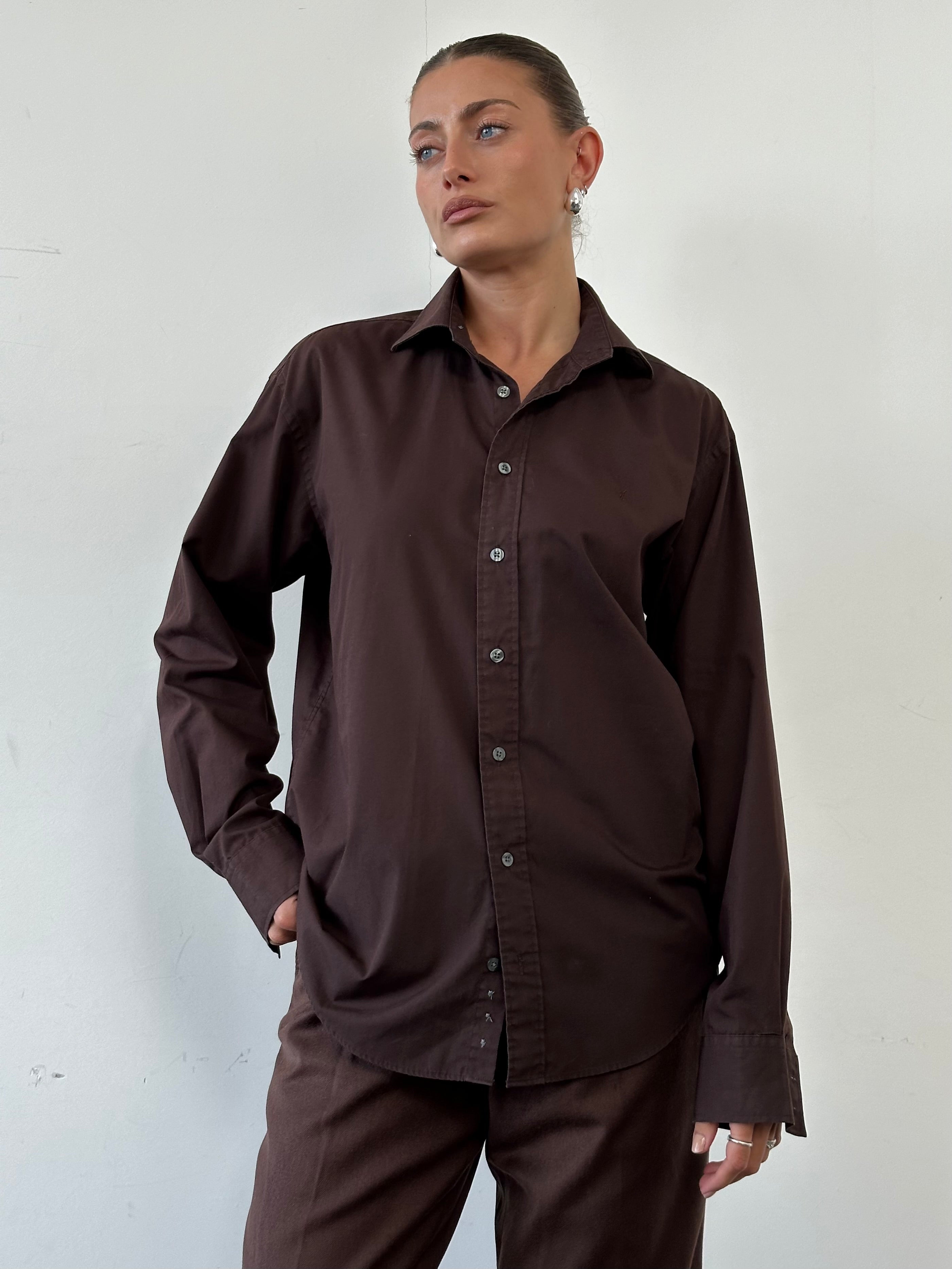 Yves Saint Laurent Pour Homme cotton logo shirt in size L, featuring a classic design with the iconic YSL branding on the chest.