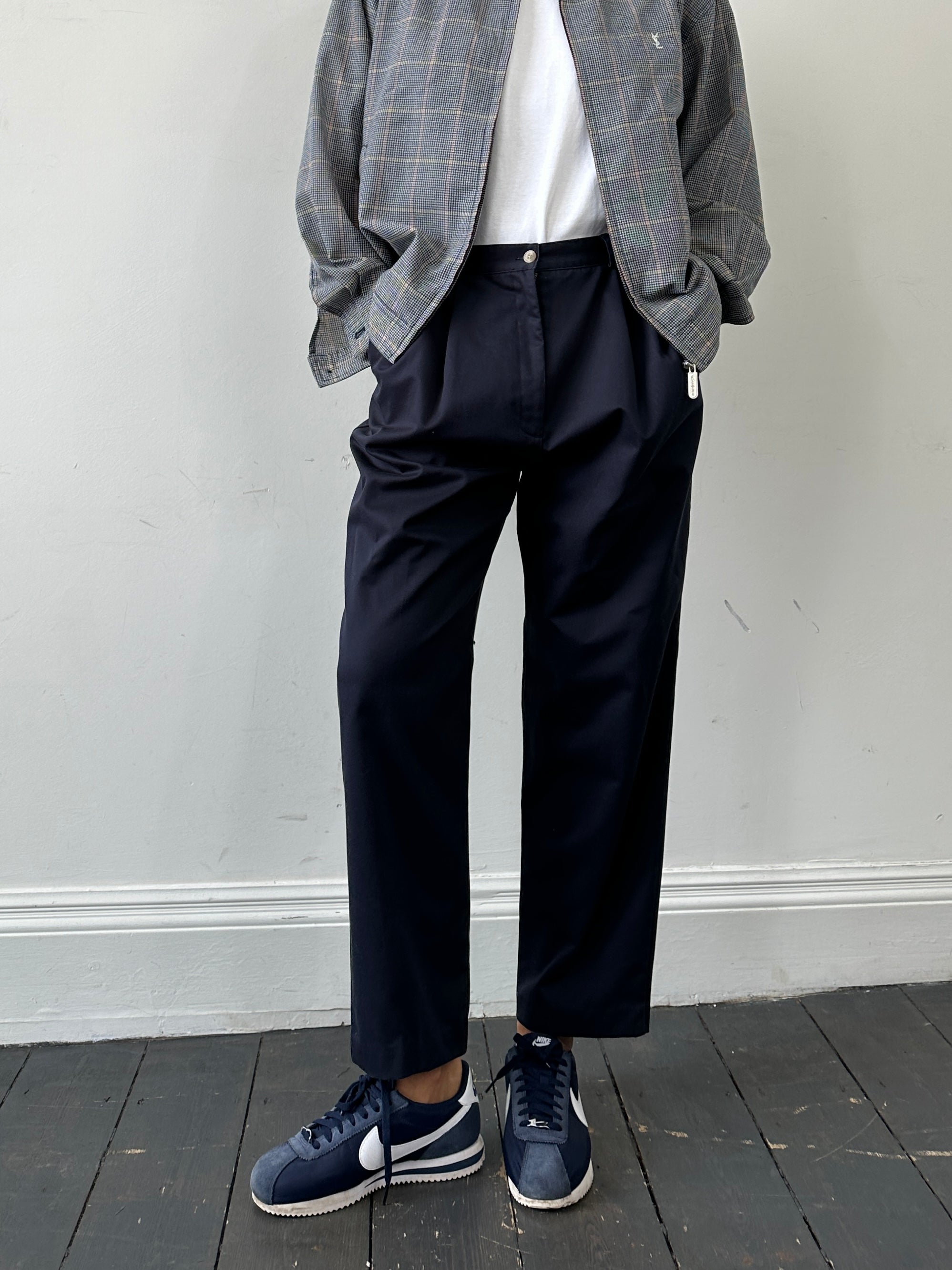 Vintage pure cotton tapered leg pull-on trousers in size W28/30, featuring a classic design and comfortable fit.