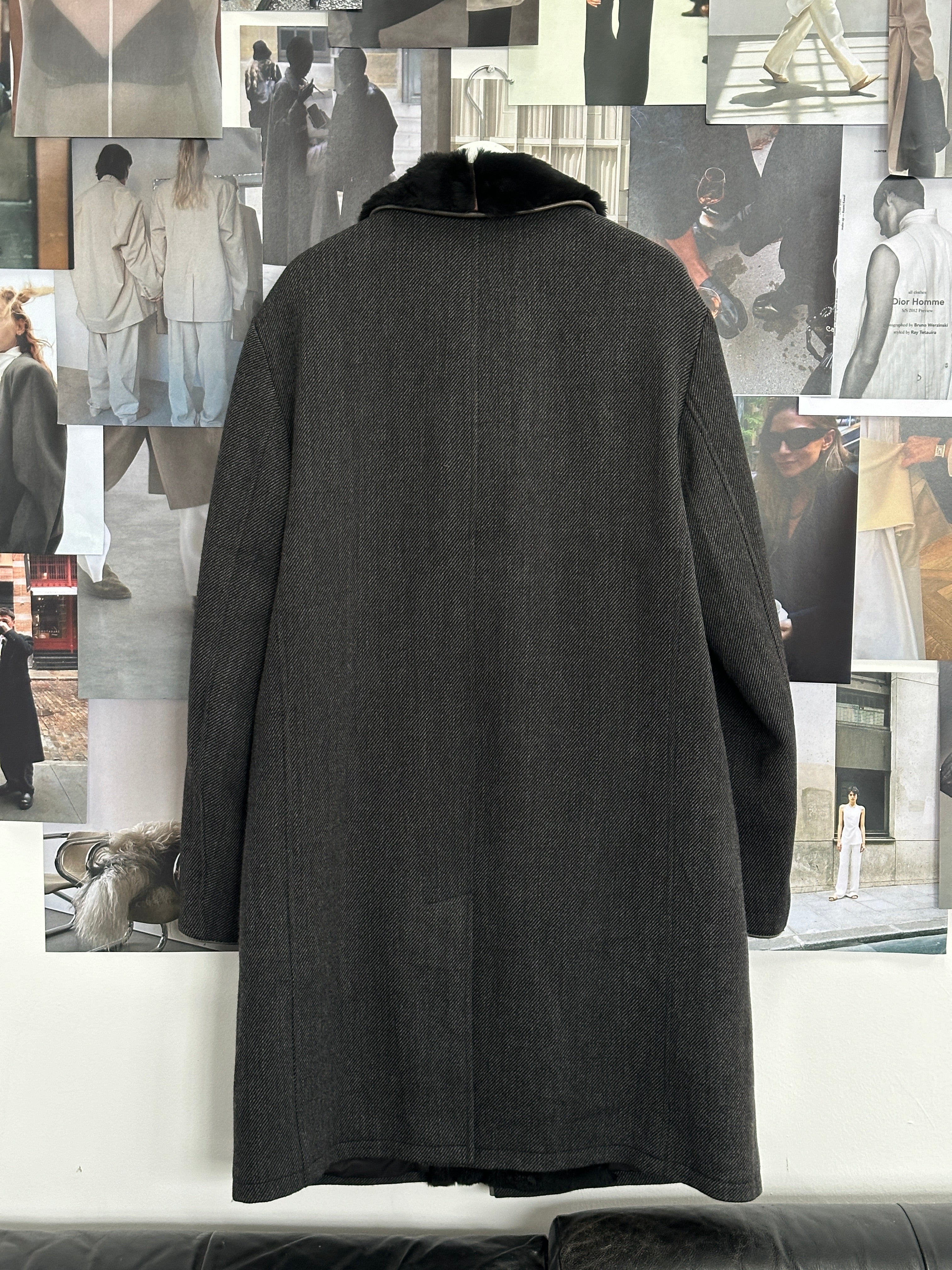 Armani Collezioni 2000s wool coat with fur collar, size large, displayed on a neutral background.