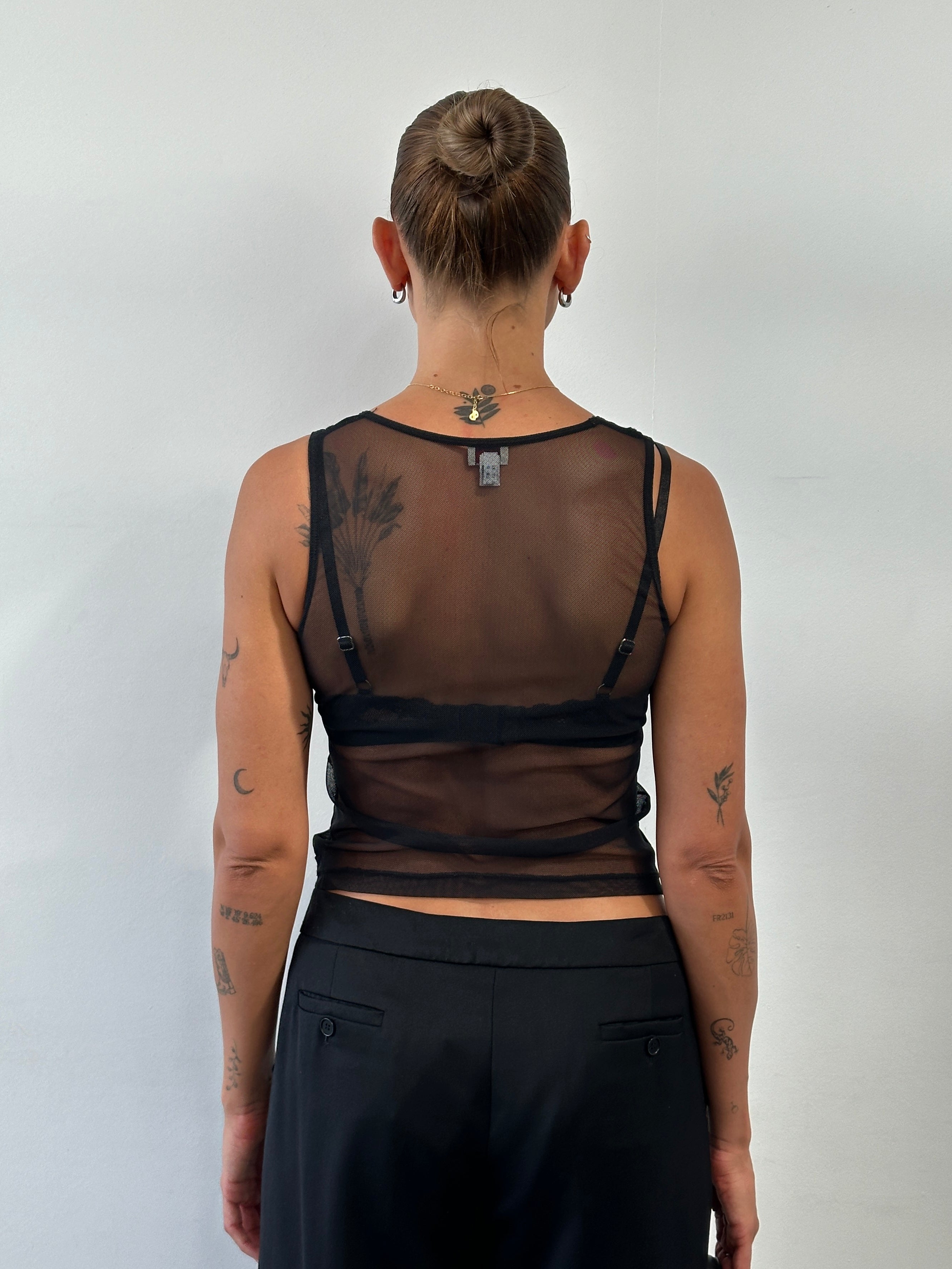 Armani Jeans sheer appliqué vest top in size S, featuring lightweight fabric and decorative appliqué detailing.
