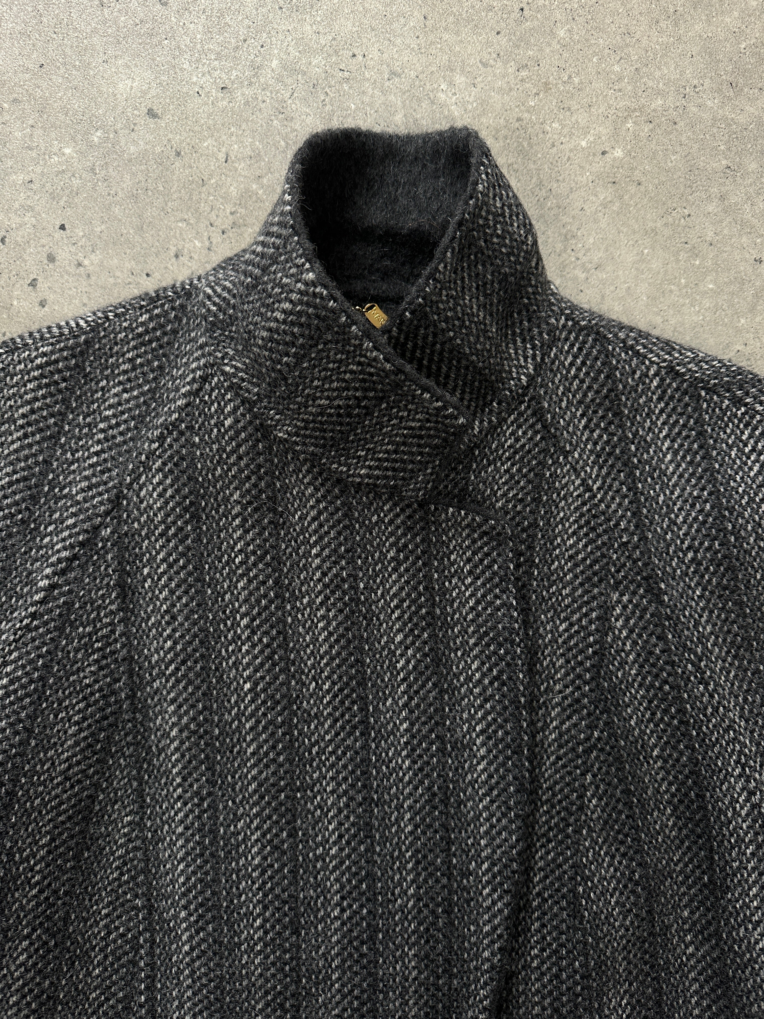 Marina Rinaldi 1990s pure wool double-faced single-breasted coat in size S, shown hanging with front view and tailored fit.