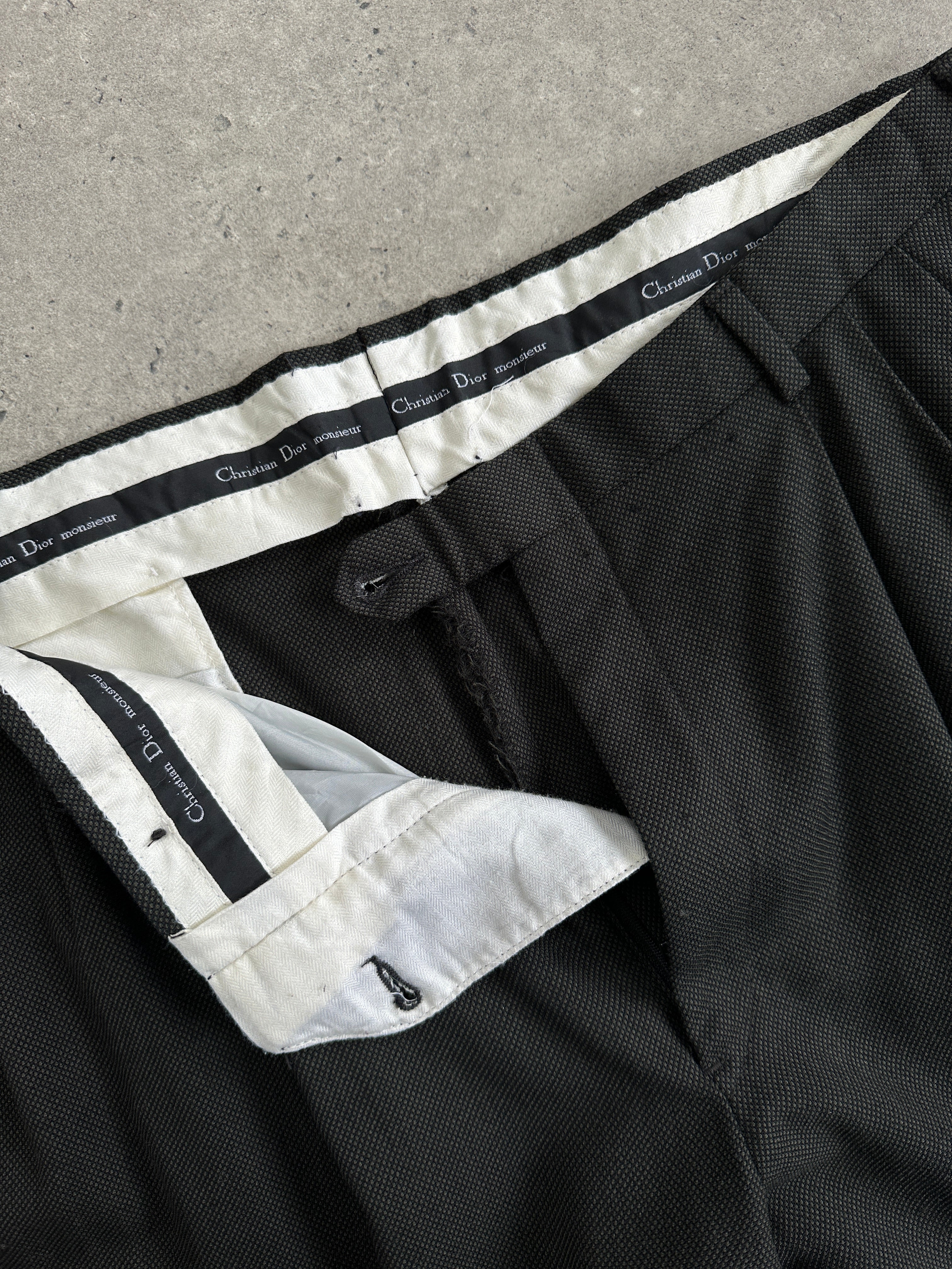 Christian Dior Monsieur wool tailored trousers in beige with straight leg fit, size W36, shown on a neutral background.