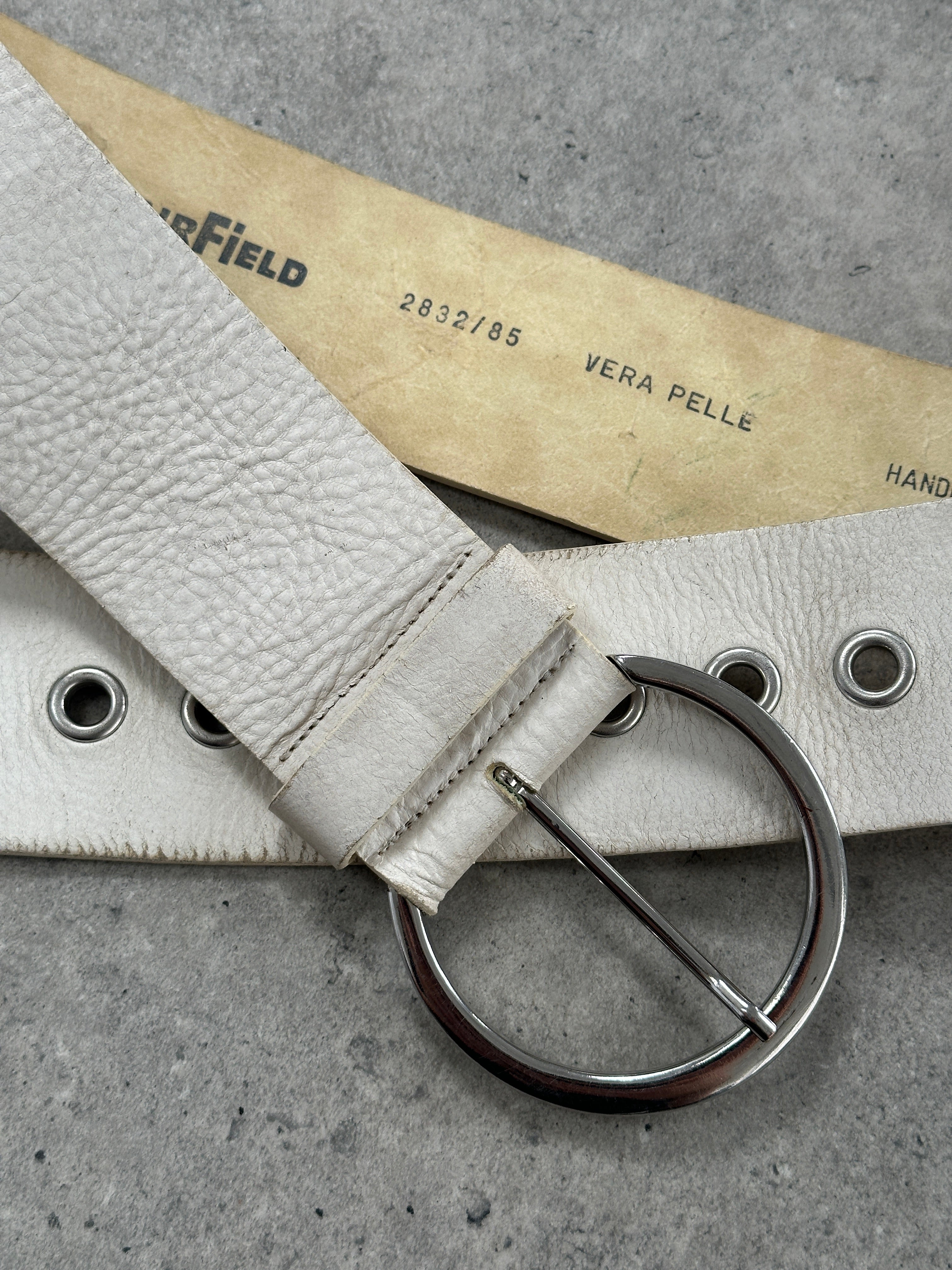 Vintage Italian 1990s chrome chunky leather belt with silver buckle, 28-32 inch size, showcasing retro style and aged leather texture.