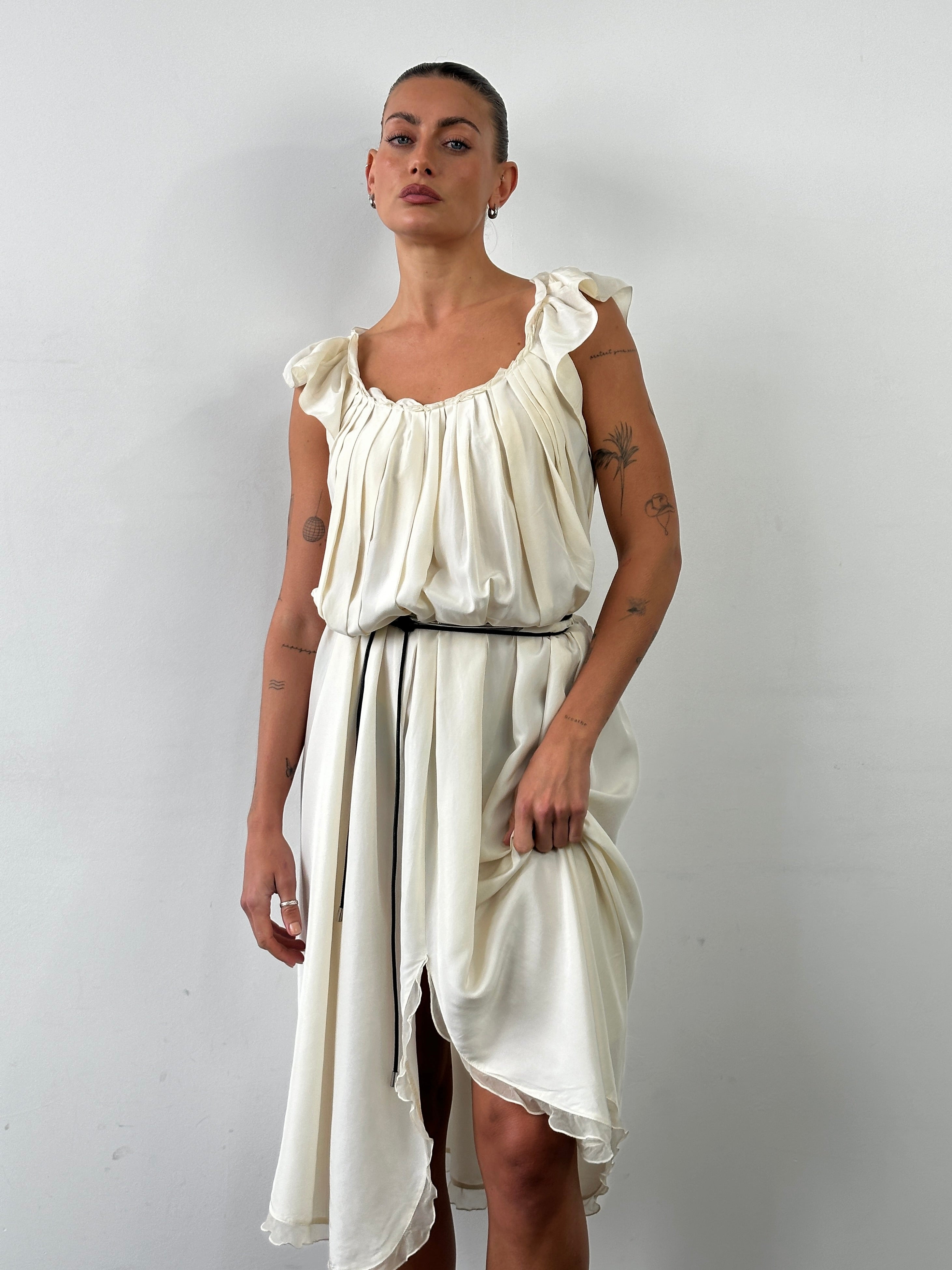 Prada 2012 pure silk pleated slip dress in size L, showcasing elegant fabric and classic design with subtle pleats.