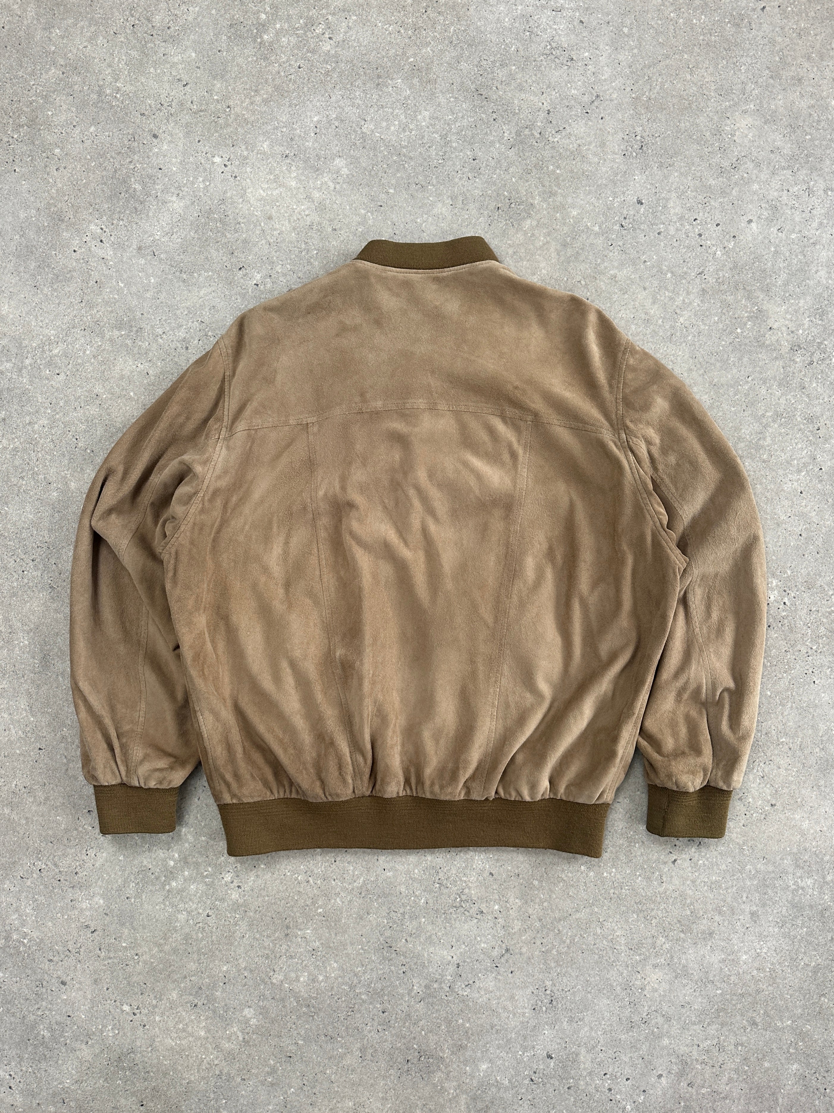 Vintage 1990s suede leather bomber jacket in size large, featuring classic design and retro style.