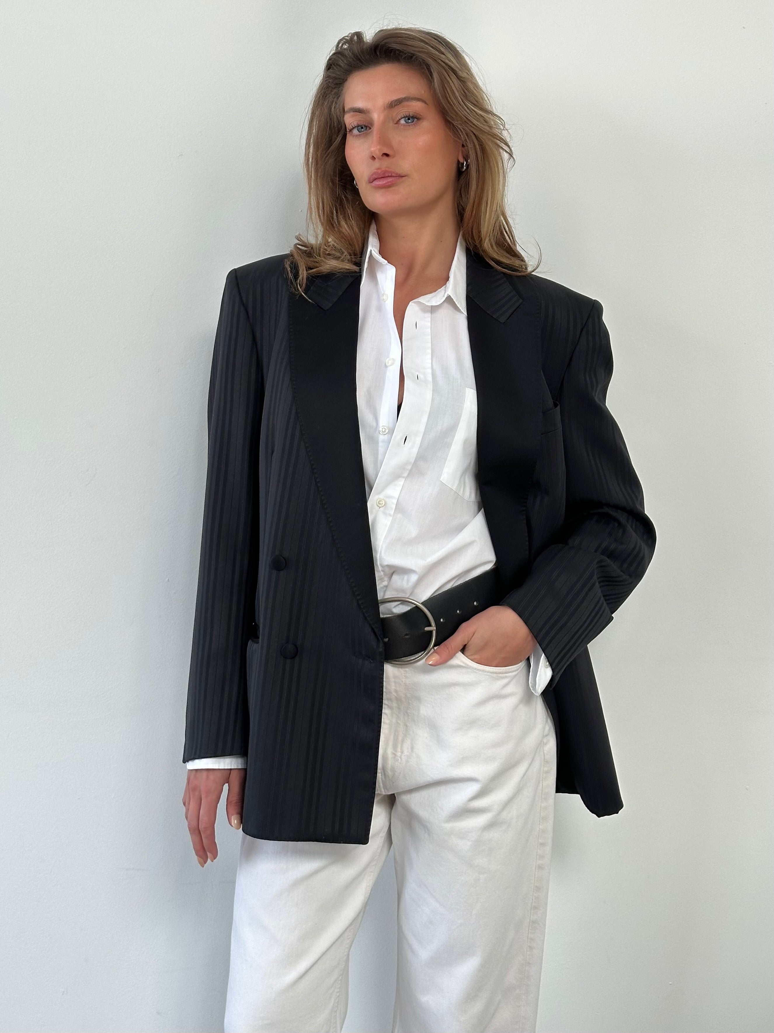 Vintage 1990s Double Breasted Striped Tuxedo Blazer - L
