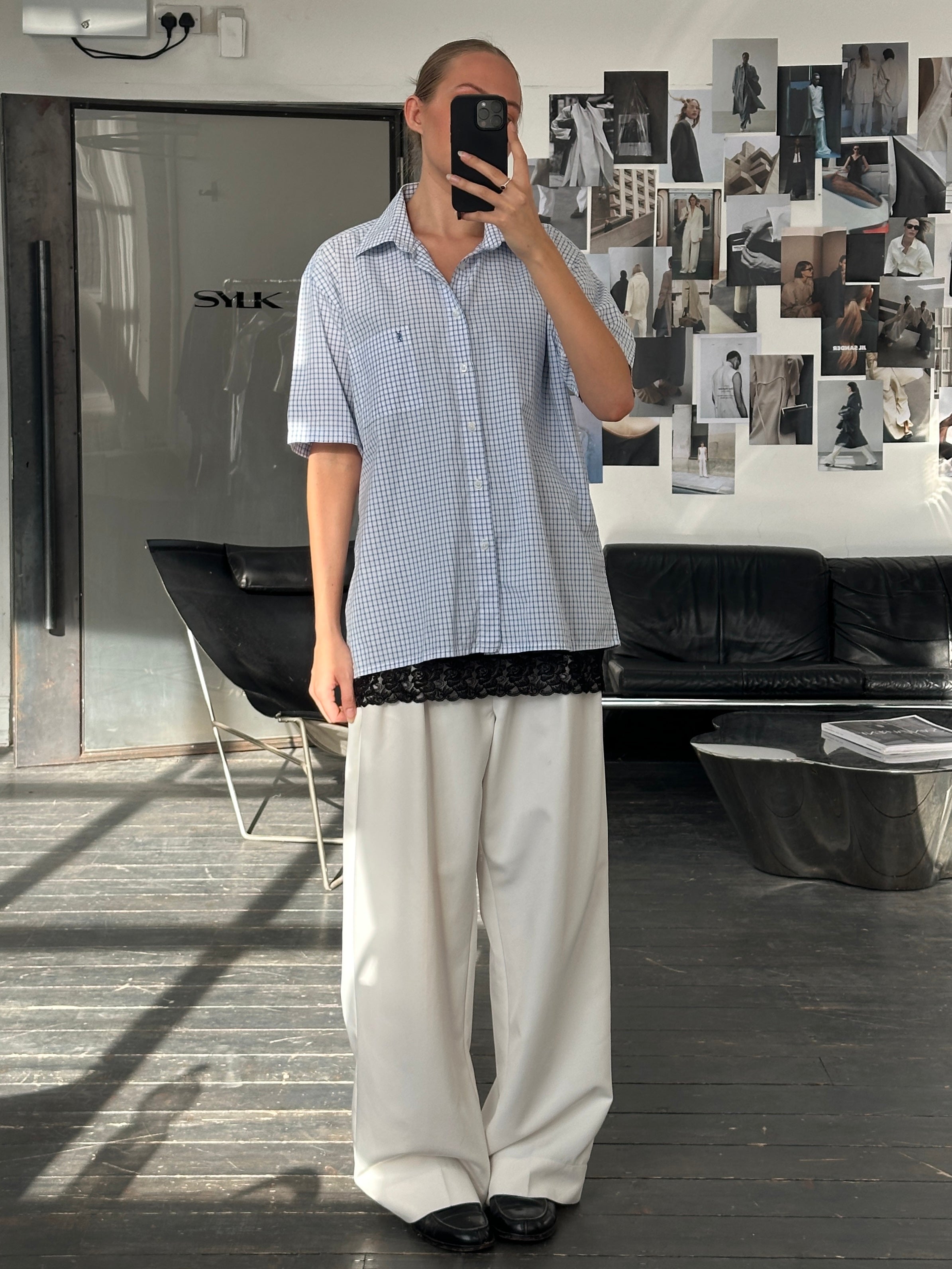 Yves Saint Laurent Pour Homme 2000s cotton check short sleeve logo shirt in XL, featuring a classic check pattern and YSL branding.