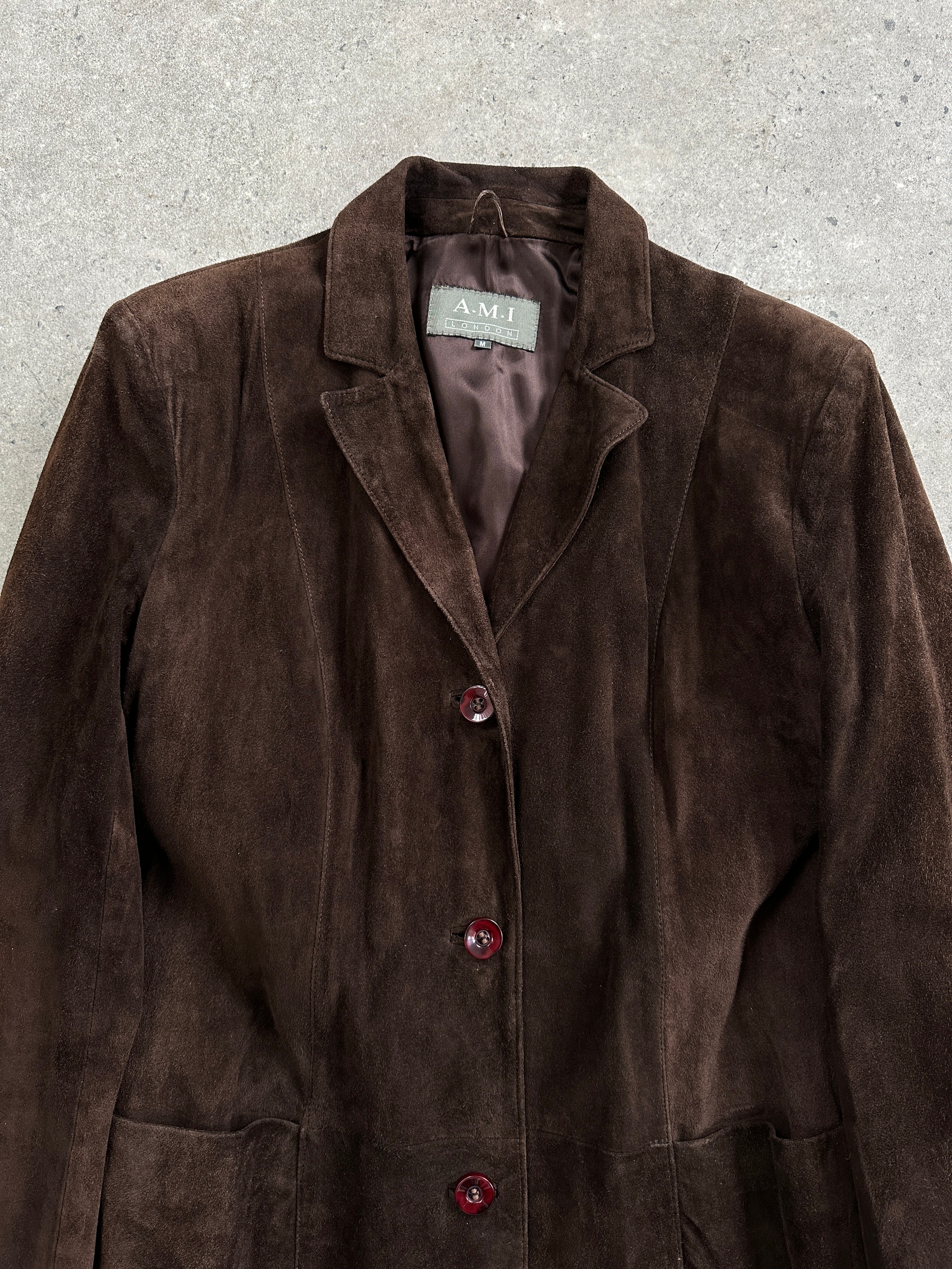 Vintage suede trench coat jacket in size S, featuring classic design and soft textured suede material.