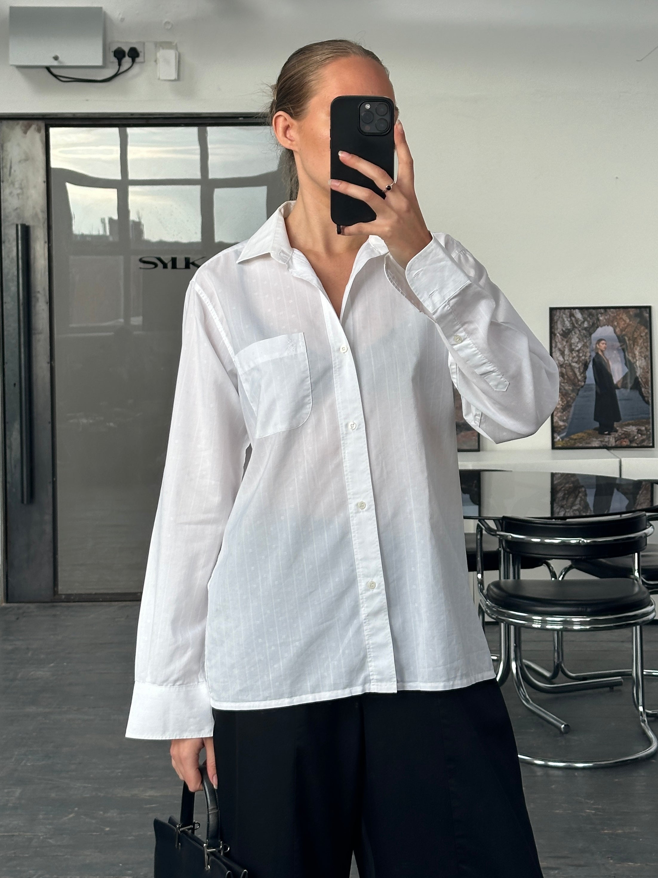 Yves Saint Laurent 1990s cotton logo shirt, M/L size, featuring classic design and brand logo on the front.