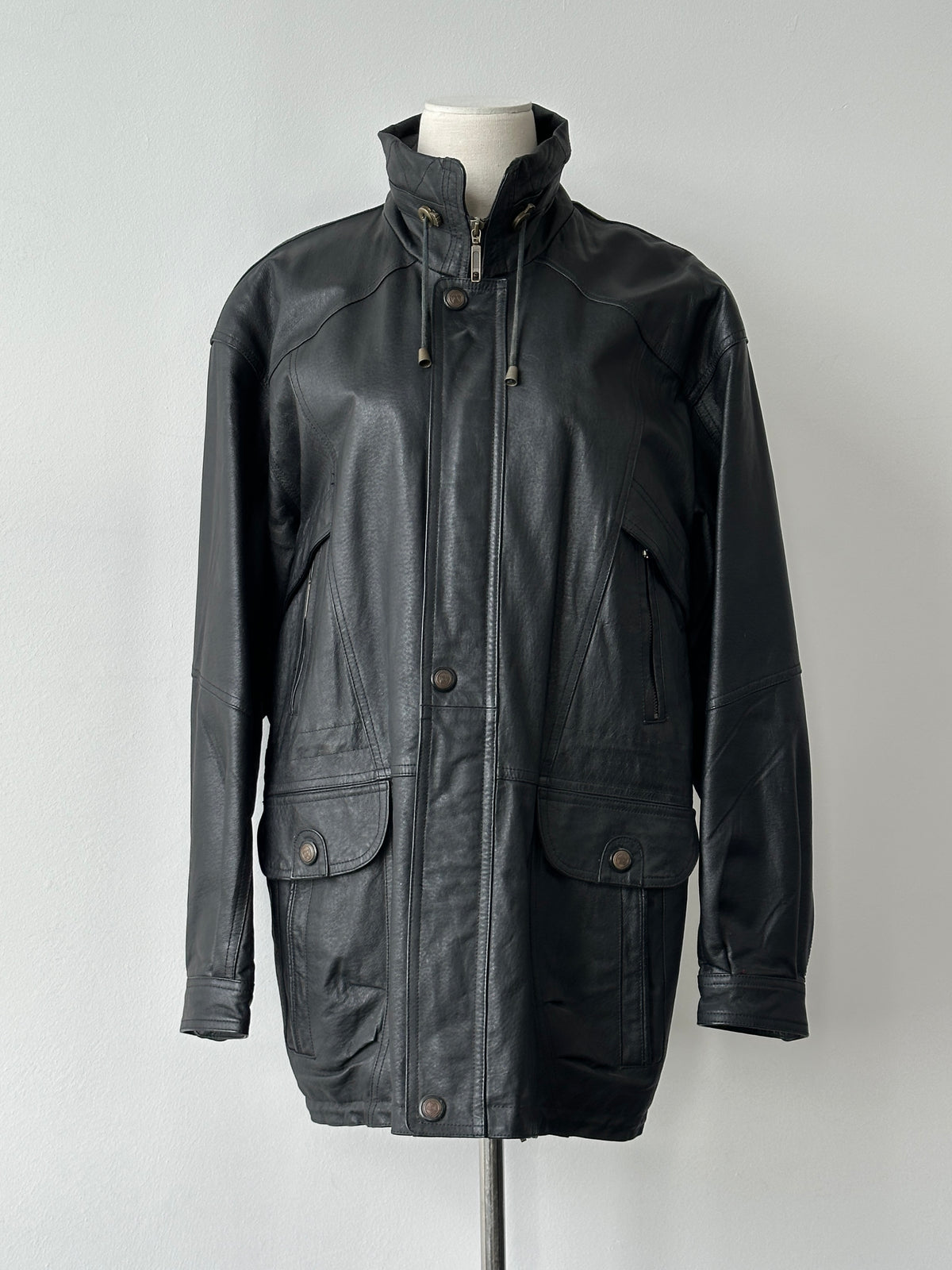 Vintage 1990s High Neck Mid Length Leather Jacket - L