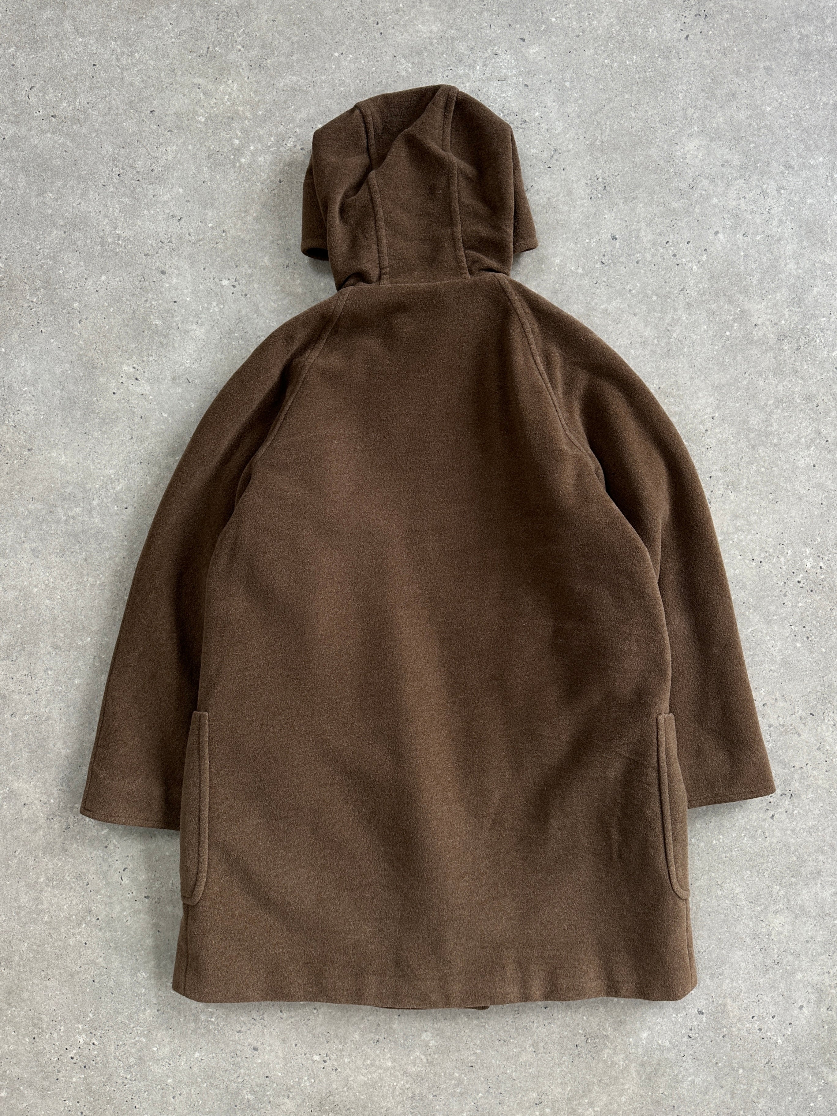 Max Mara Weekend 2000s wool hooded double-breasted coat, size M, shown in dark gray with button details and a tailored fit.
