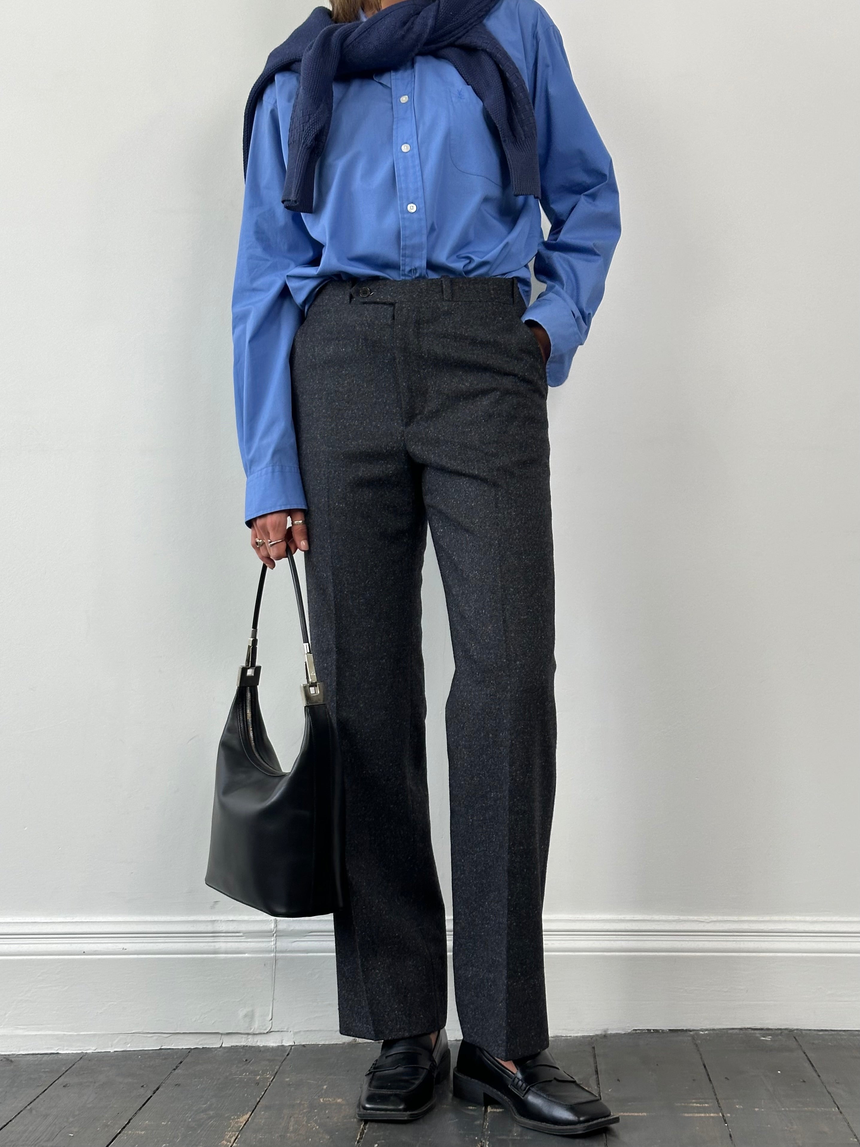 Vintage Italian tailored wool and cashmere trousers in size W28, featuring a brushed finish and classic design.