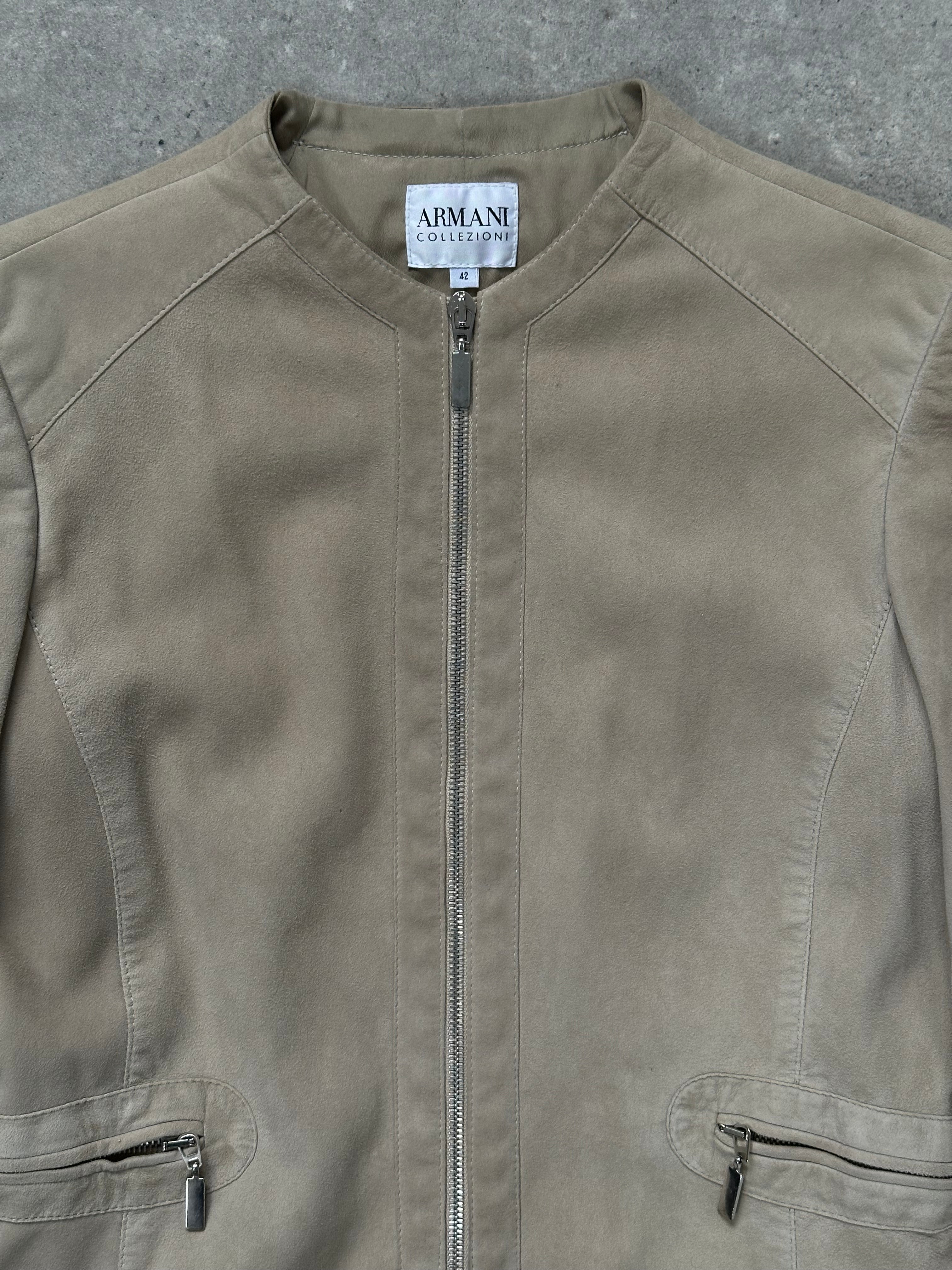Armani Collezioni 2000s double zip suede leather jacket in XS/S, stylish and classic with a sleek design.