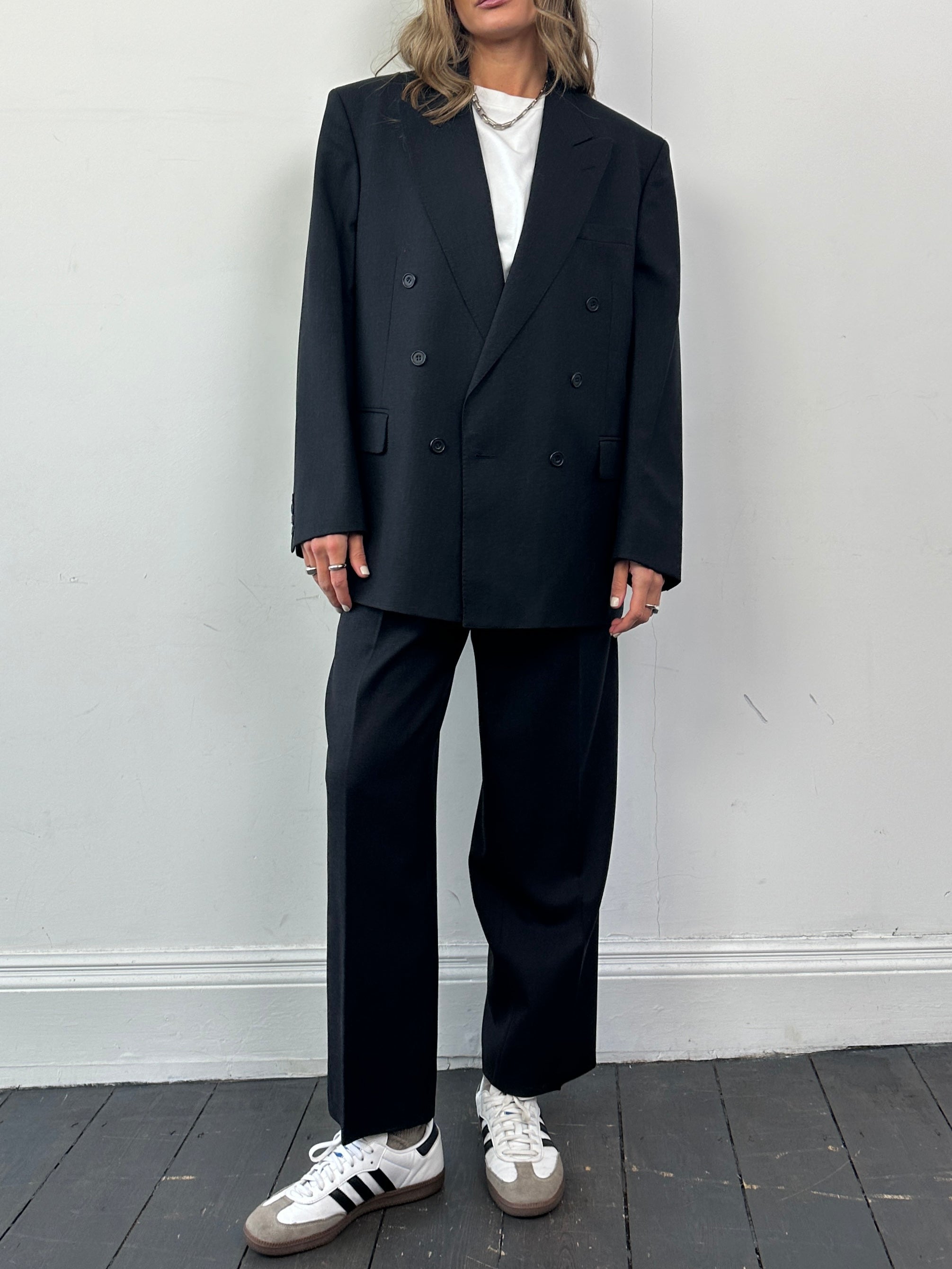 Christian Dior pure wool double-breasted suit jumpsuit in size 42R/W30, tailored fit with classic lapel and button details.