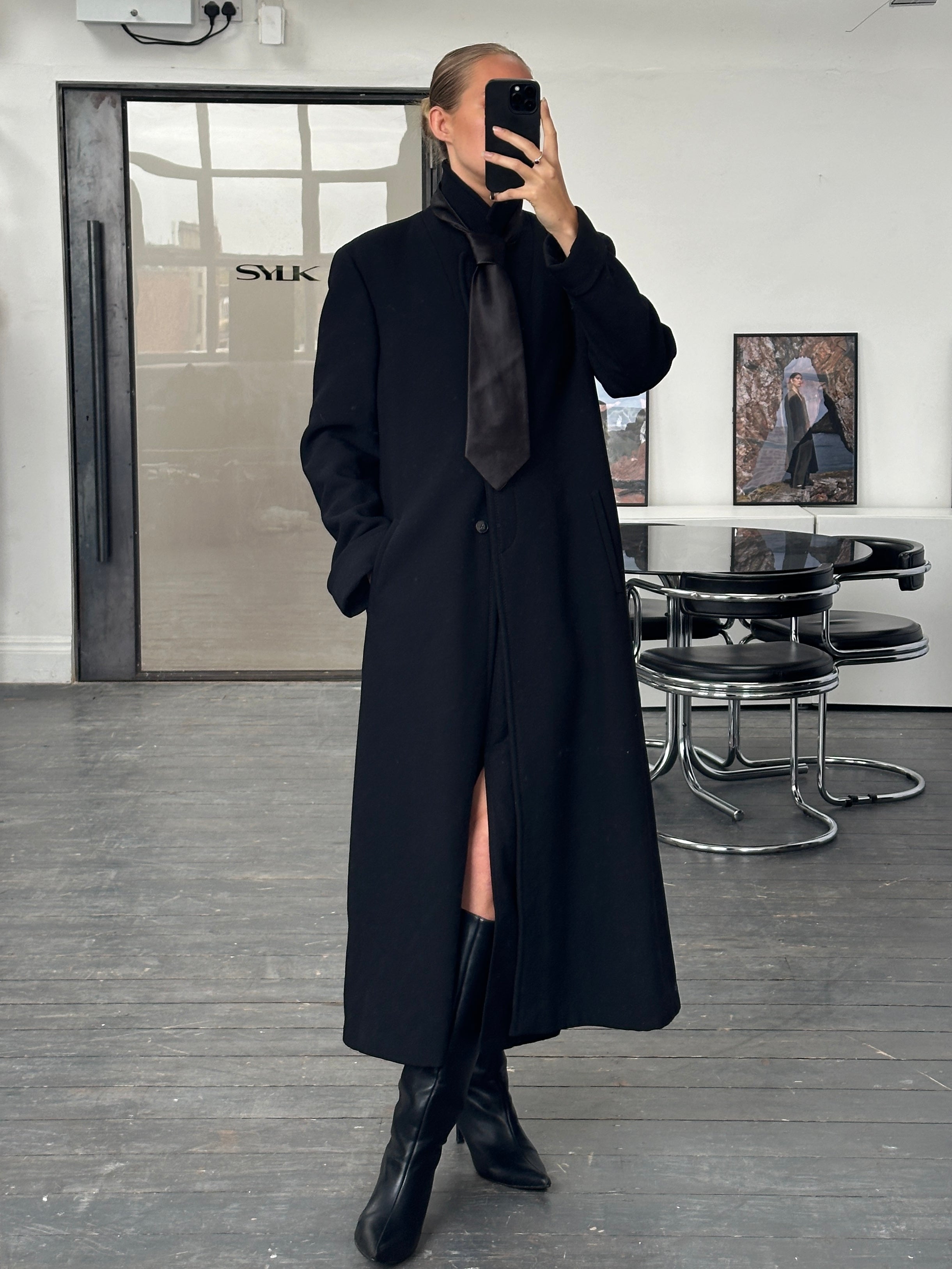 Giorgio Armani 1990s pure wool floor-length coat in classic style, tailored fit, dark color, and elegant design.