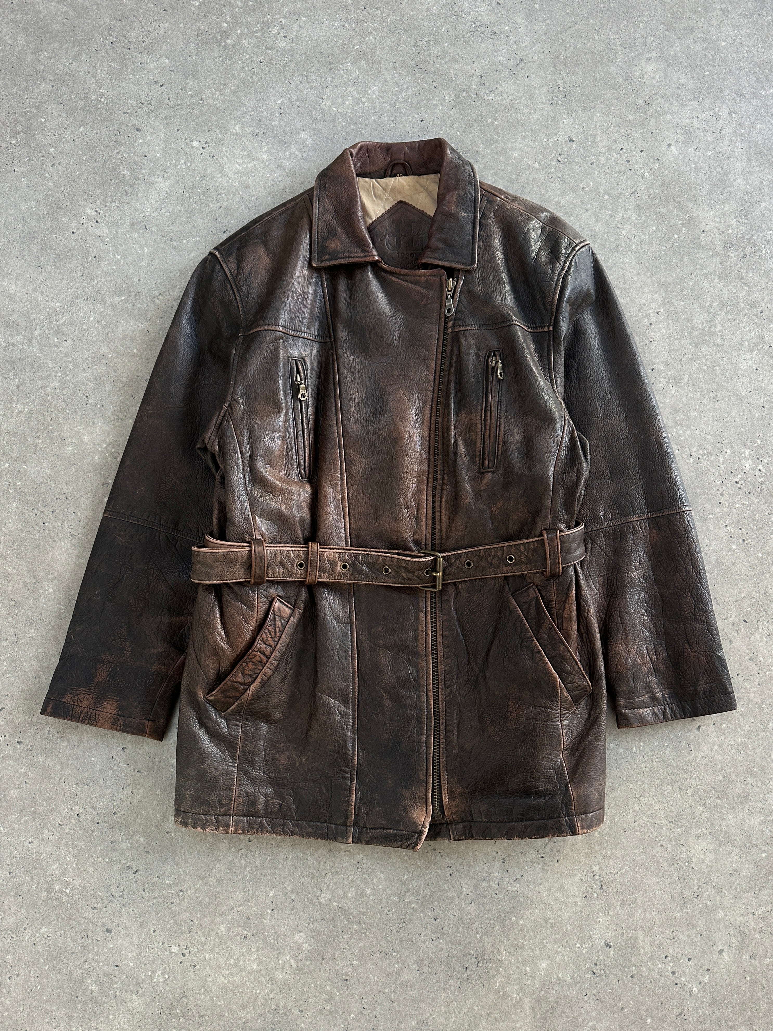 Vintage leather jacket from the 1980s with aged finish, belted design, size large, featuring classic style and durable leather material.