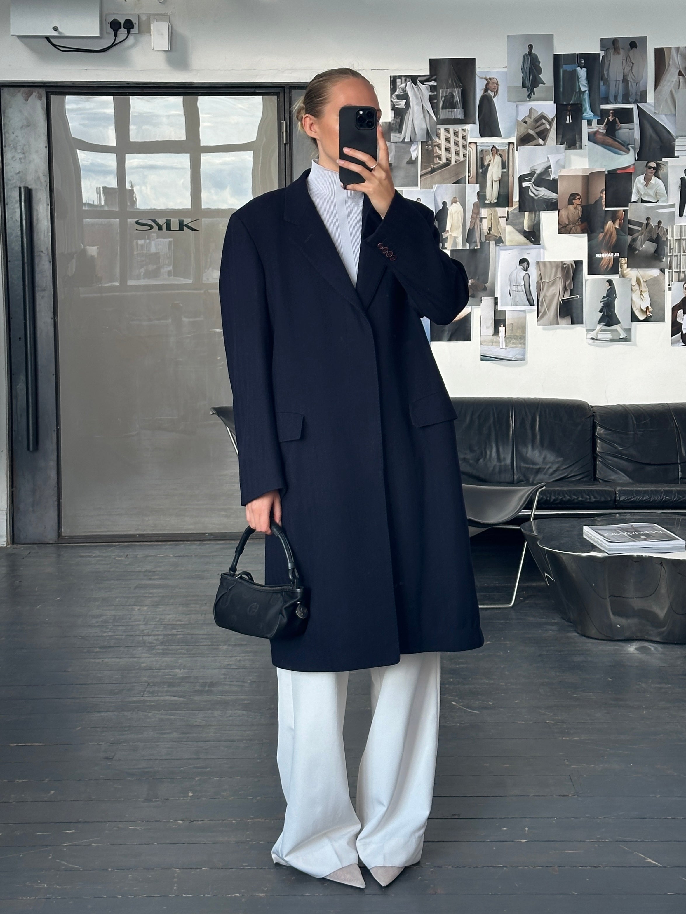 Christian Dior 1990s pure wool coat with concealed placket in XL size, showcasing a classic, tailored design and high-quality fabric.
