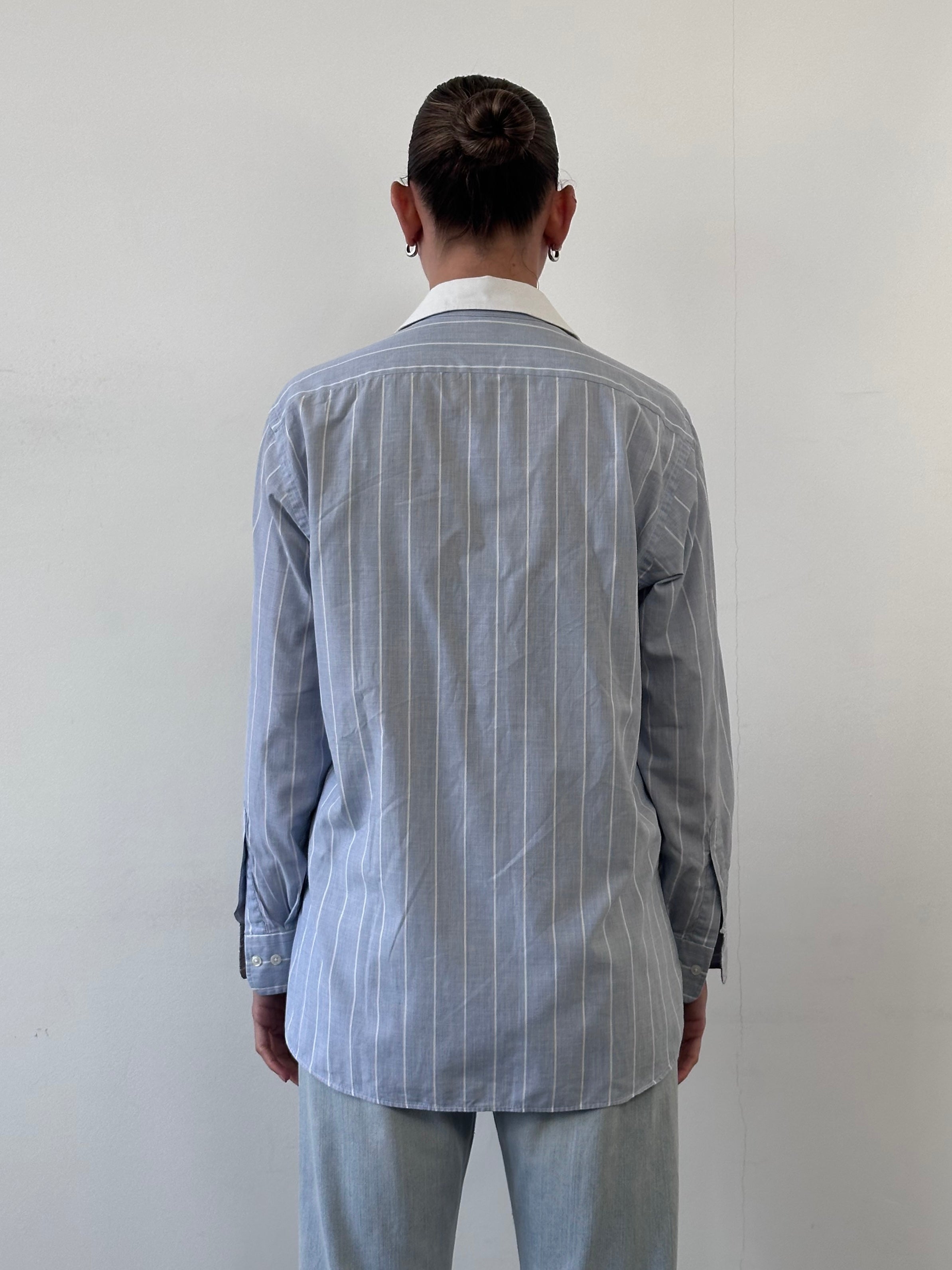 Christian Dior logo shirt with white and navy stripes, contrast collar, and button-front design in size M.