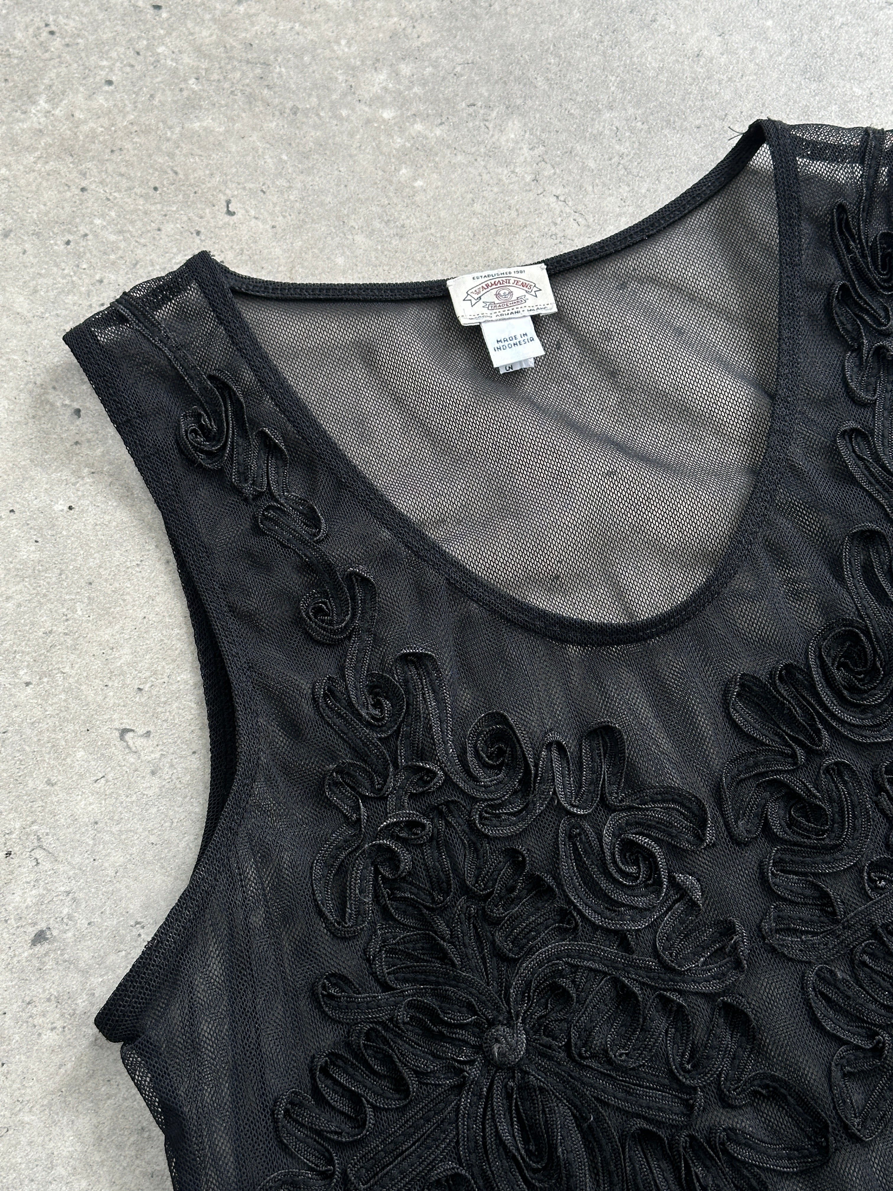 Armani Jeans sheer vest top with appliqué details, lightweight fabric, and a fitted style in size small.