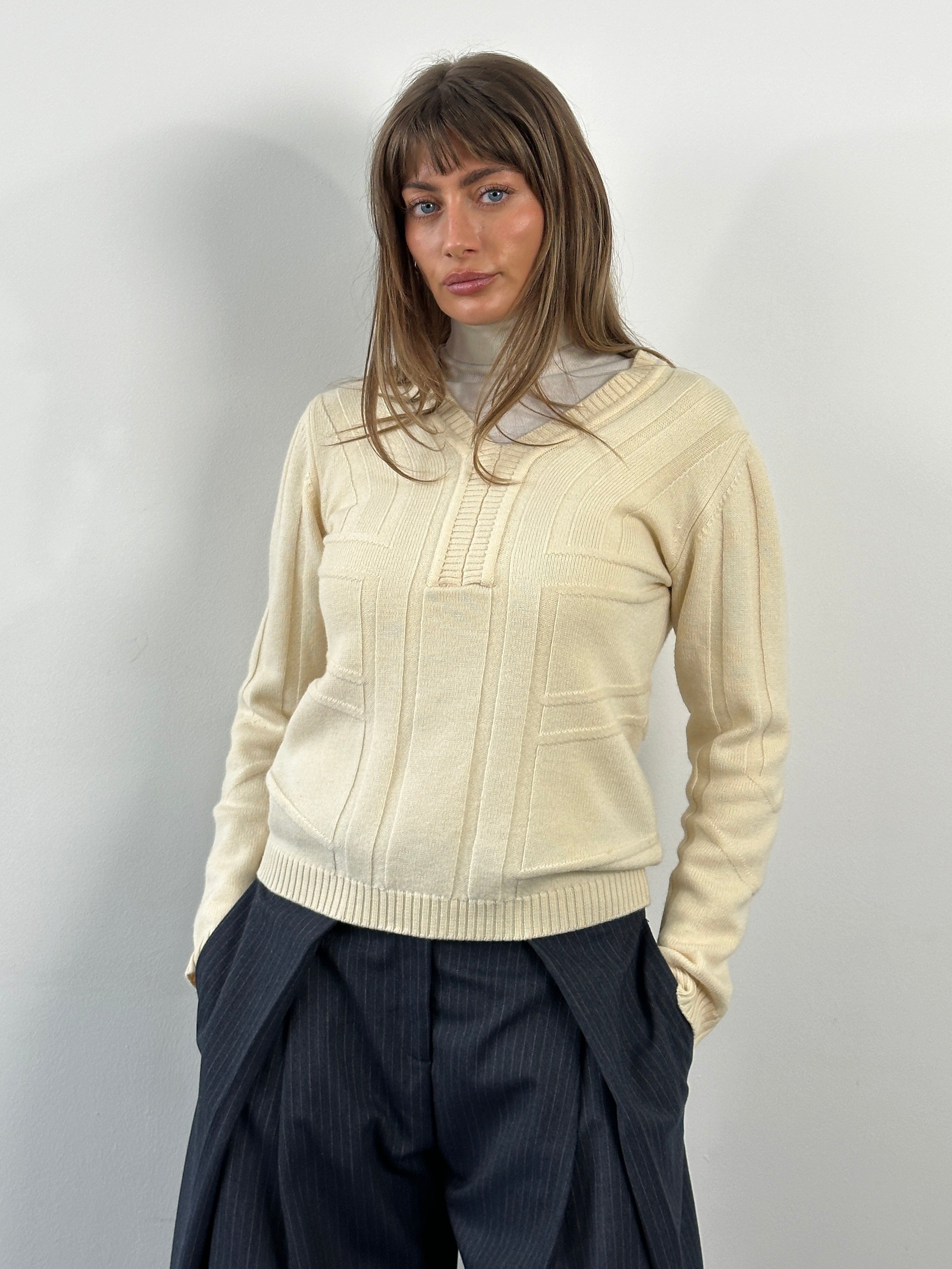 Versace Jeans Couture 2000s pure merino wool structured knit jumper, XS/S, showing the textured, fitted design in a neutral color.