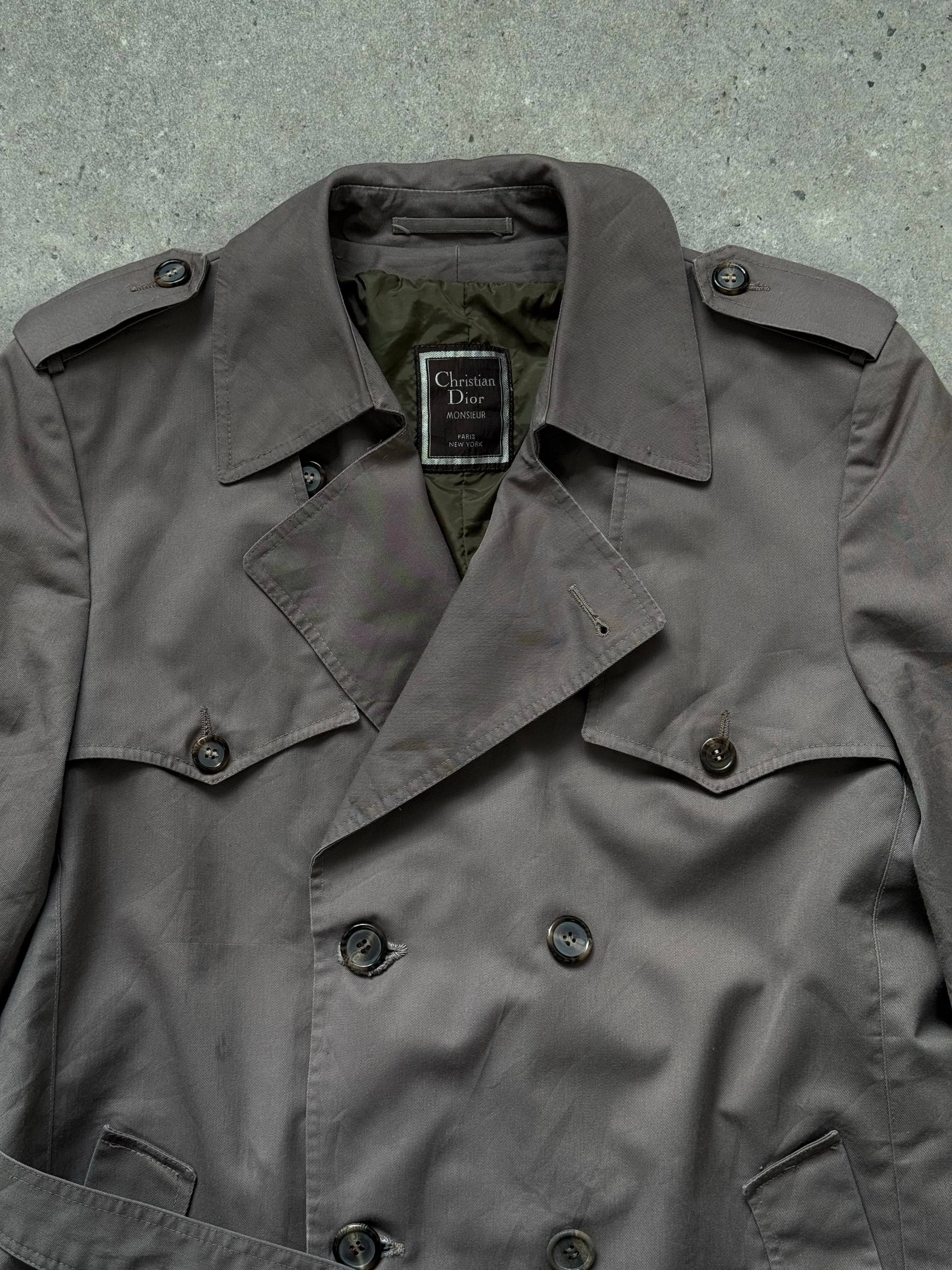 Christian Dior Monsieur 1980s double-breasted belted trench coat in size L, stylish beige coat with classic design and tailored fit.