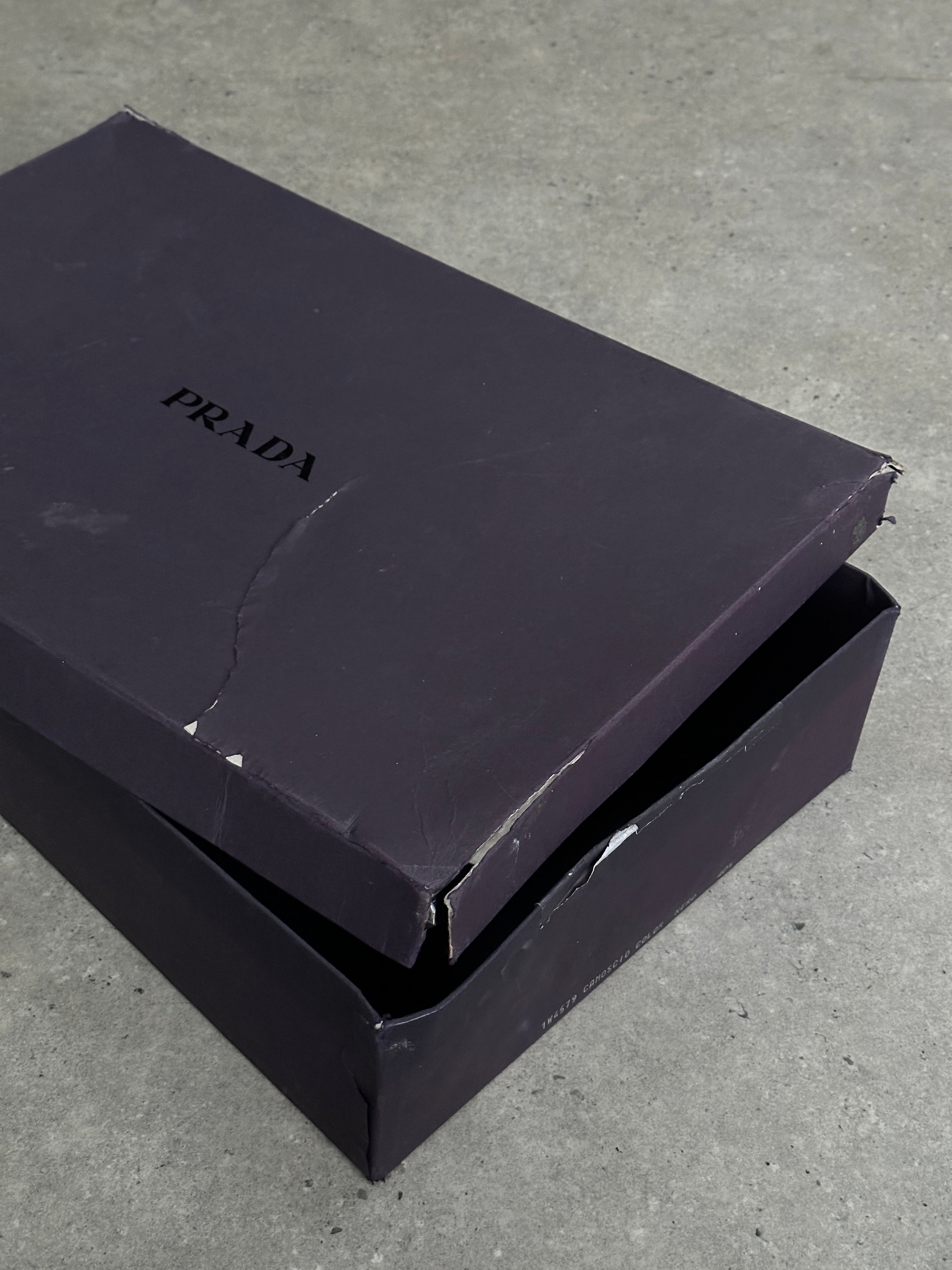 Prada 2000s suede knee boots with square toe and heeled design in UK 7.5, EU 40.5, featuring a stylish and elegant look.