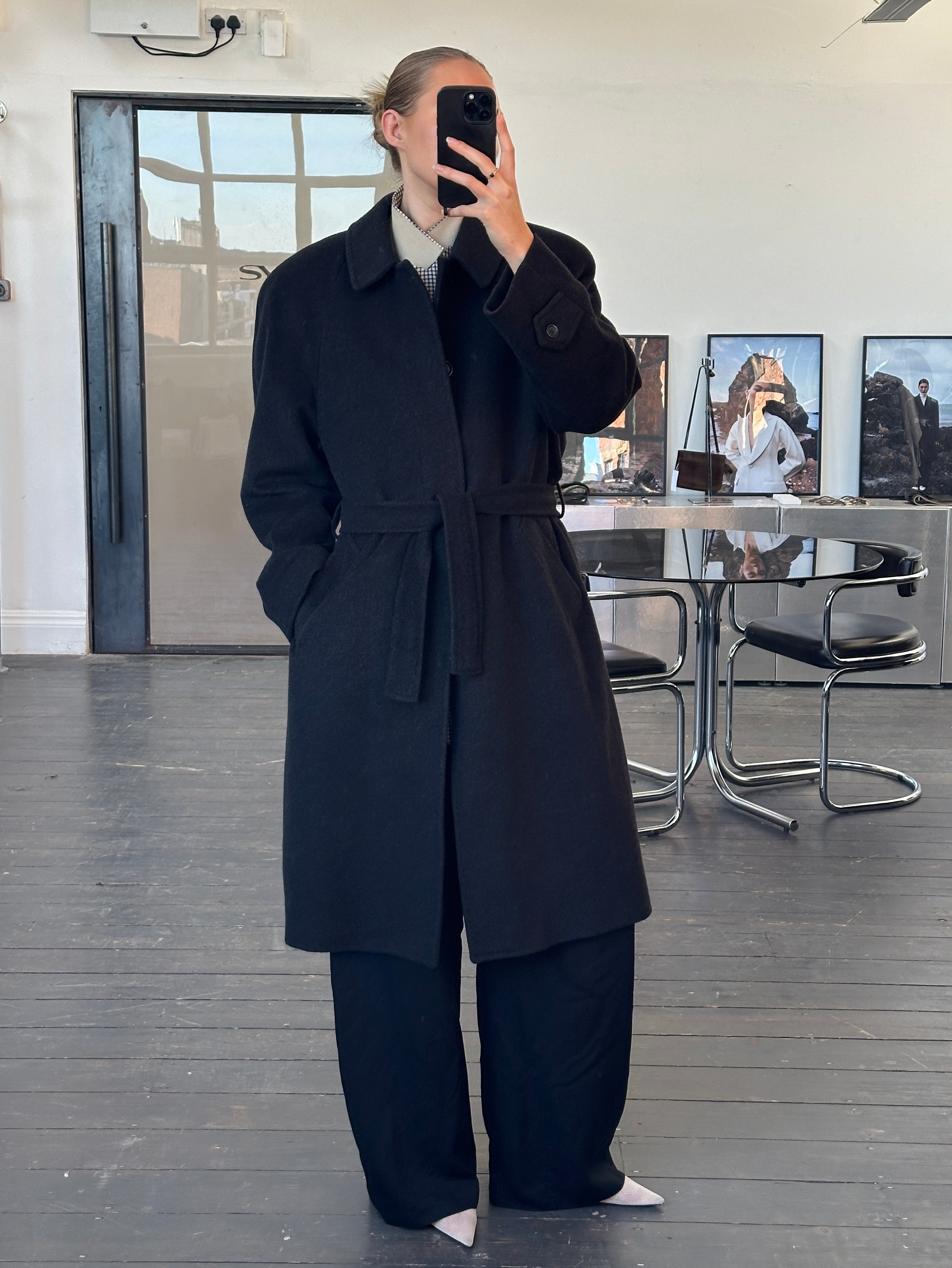 Vintage Italian 1980s wool belted coat in XL, classic retro style with tailored design and warm fabric, front view.