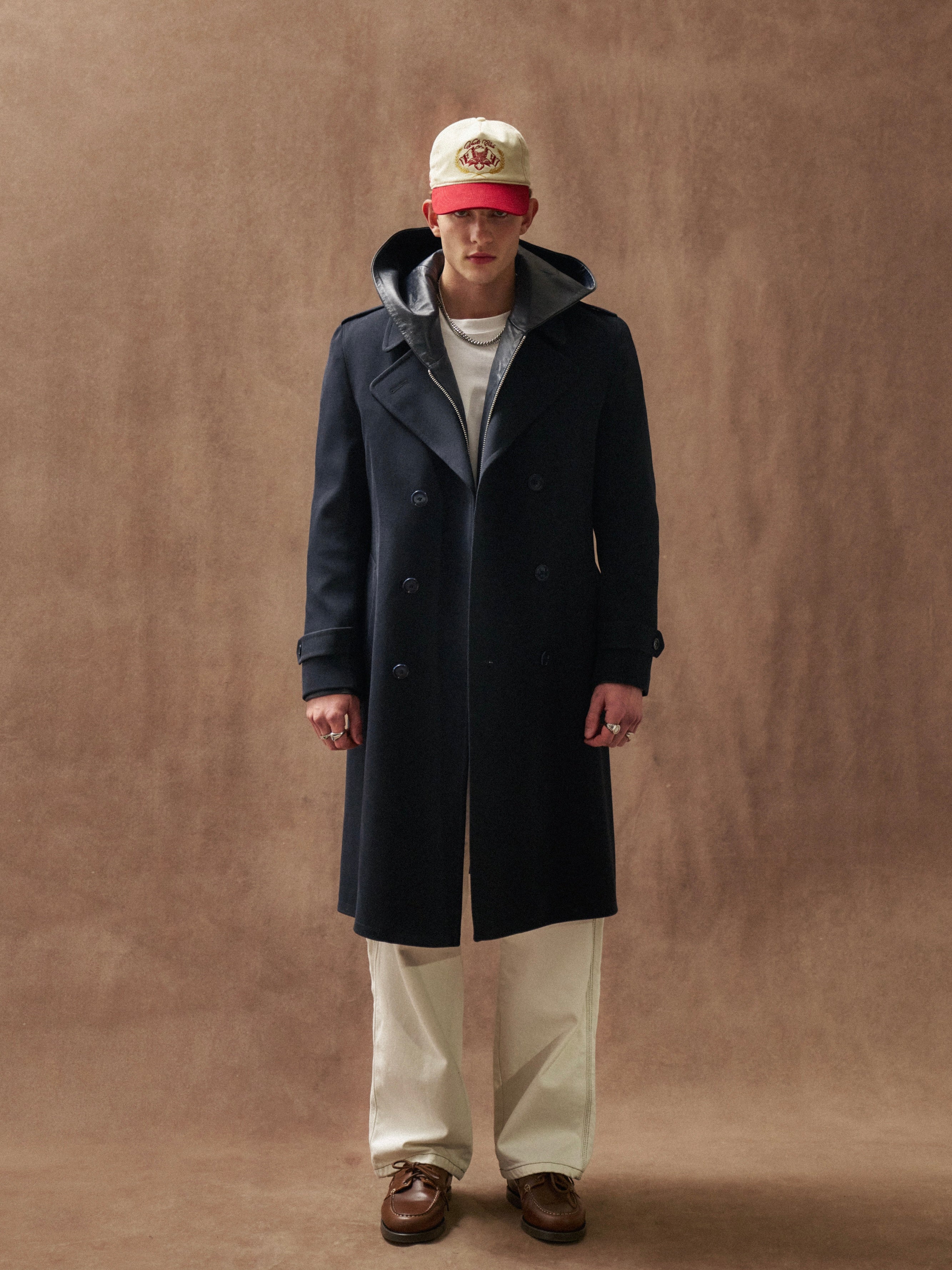 Vintage wool twill belted trench coat, XL size, showcasing classic design with a belt and tailored fit.