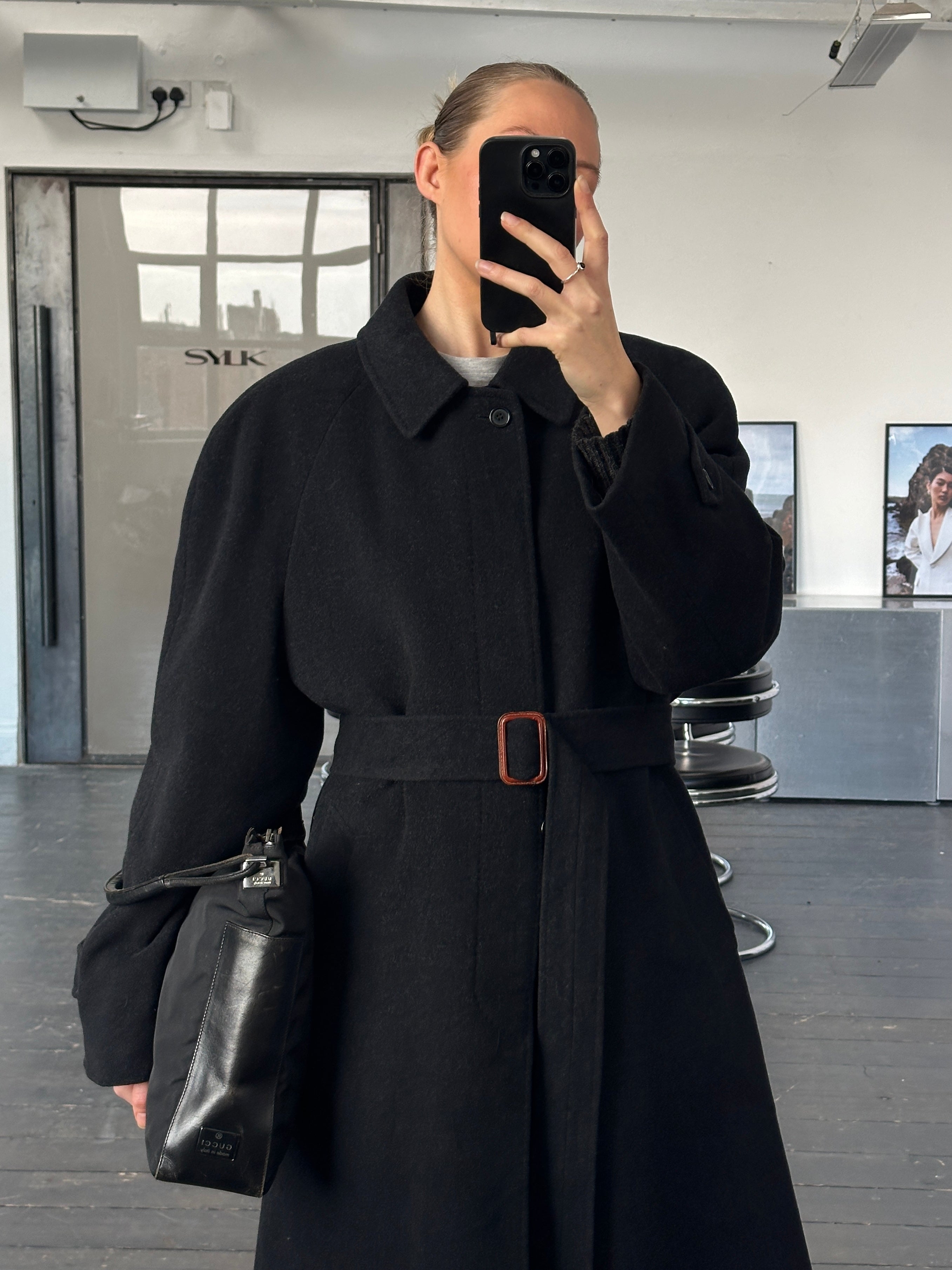 Vintage Italian 1990s wool cashmere belted coat in XXL, showcasing classic style and textured fabric with a tailored fit.