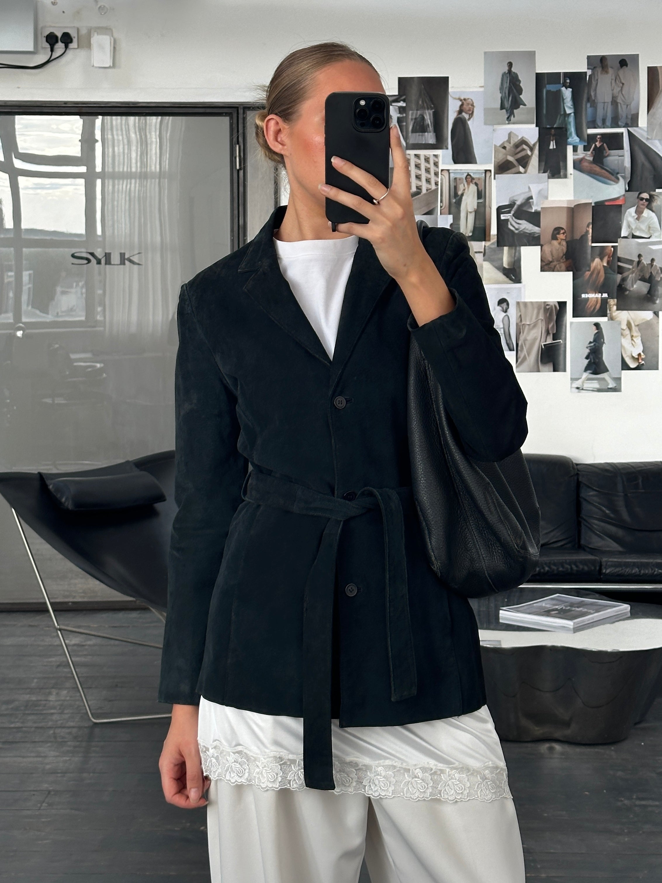 Vintage 1990s suede leather jacket with belted waist, in size S/M, featuring classic design and retro style.