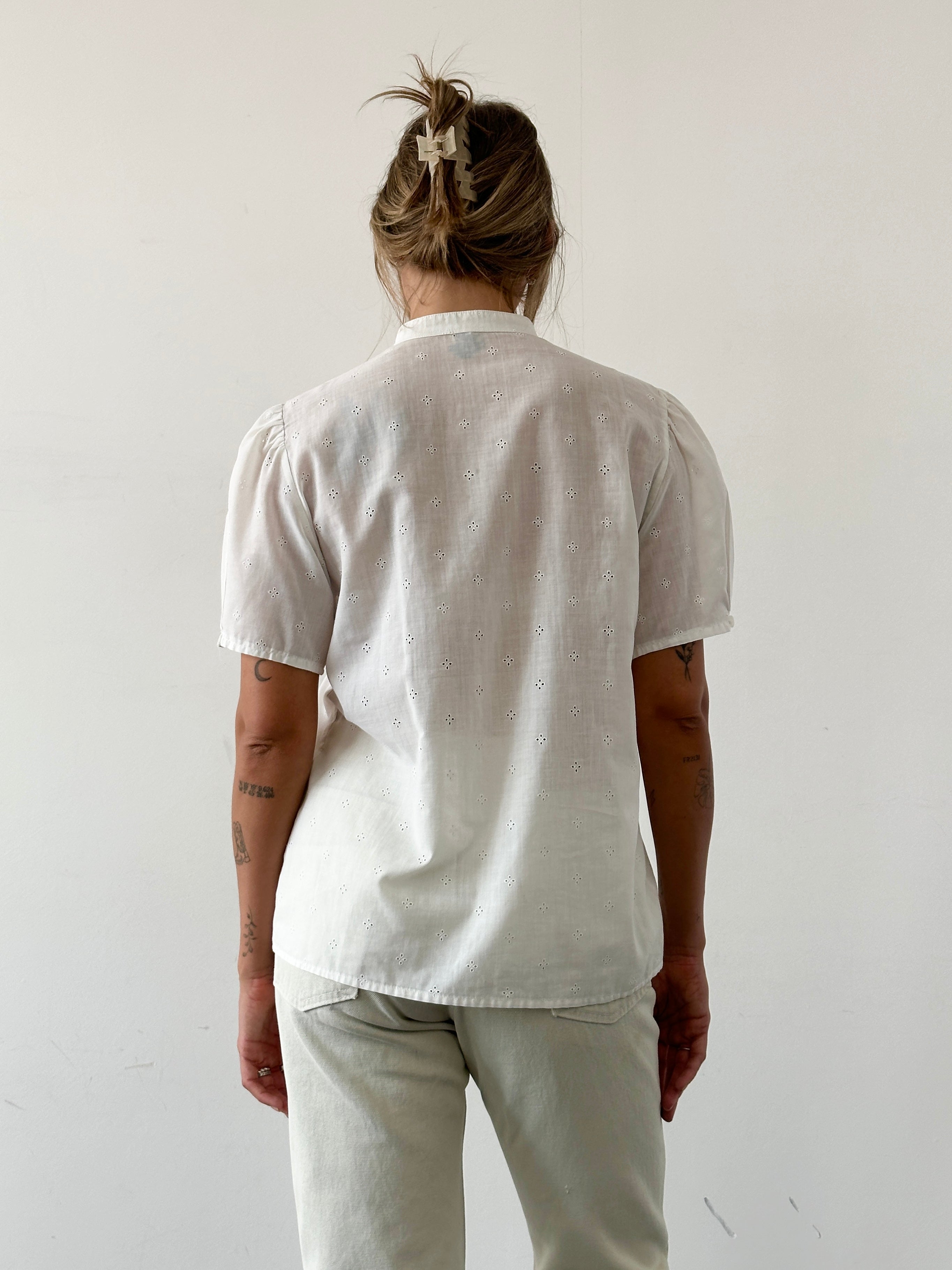 Vintage Pointelle Sheer Short Sleeve Shirt in M/L, lightweight breathable fabric with a delicate, vintage-style pattern.