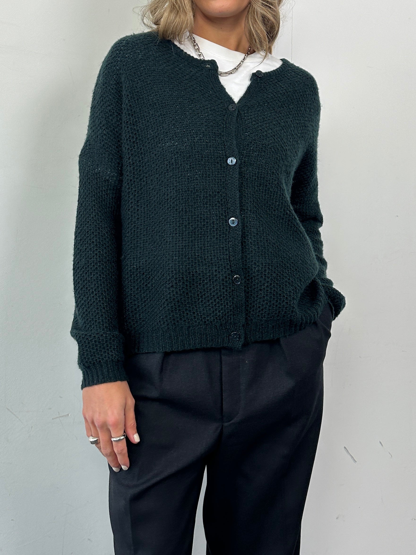 Grace & Mila wool mohair knitted cardigan in size L, showcasing a cozy, textured knit design with a button-up front.