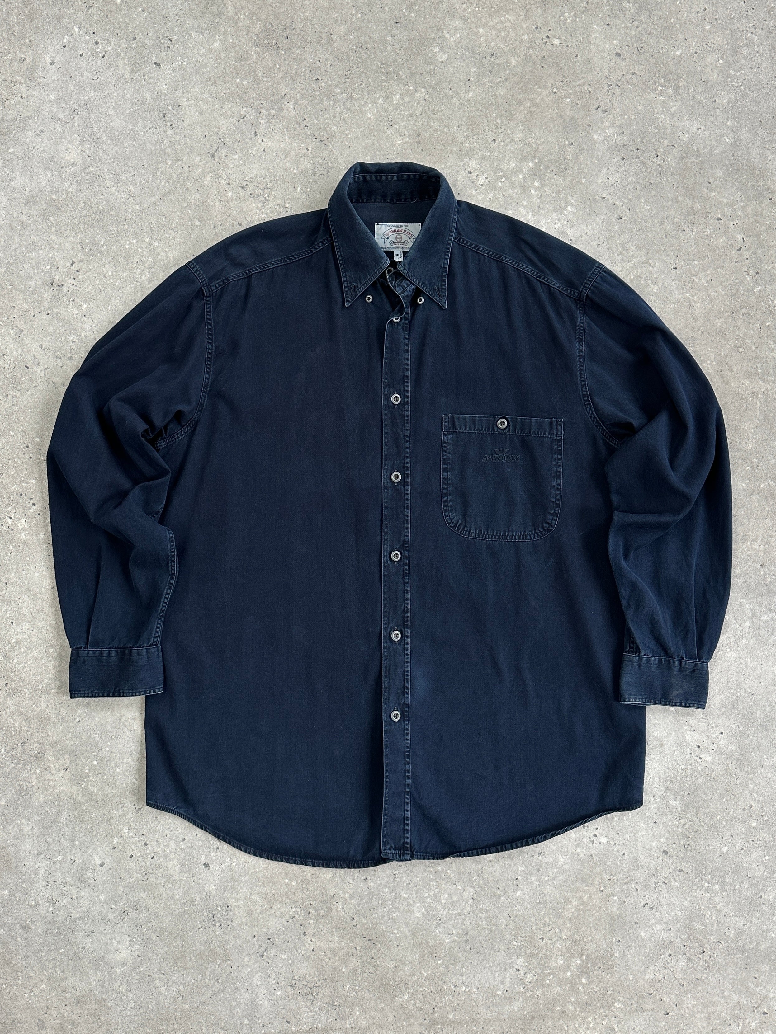 Armani Jeans 1990s pure cotton denim logo shirt in XL, featuring a classic denim design and visible logo on the front.