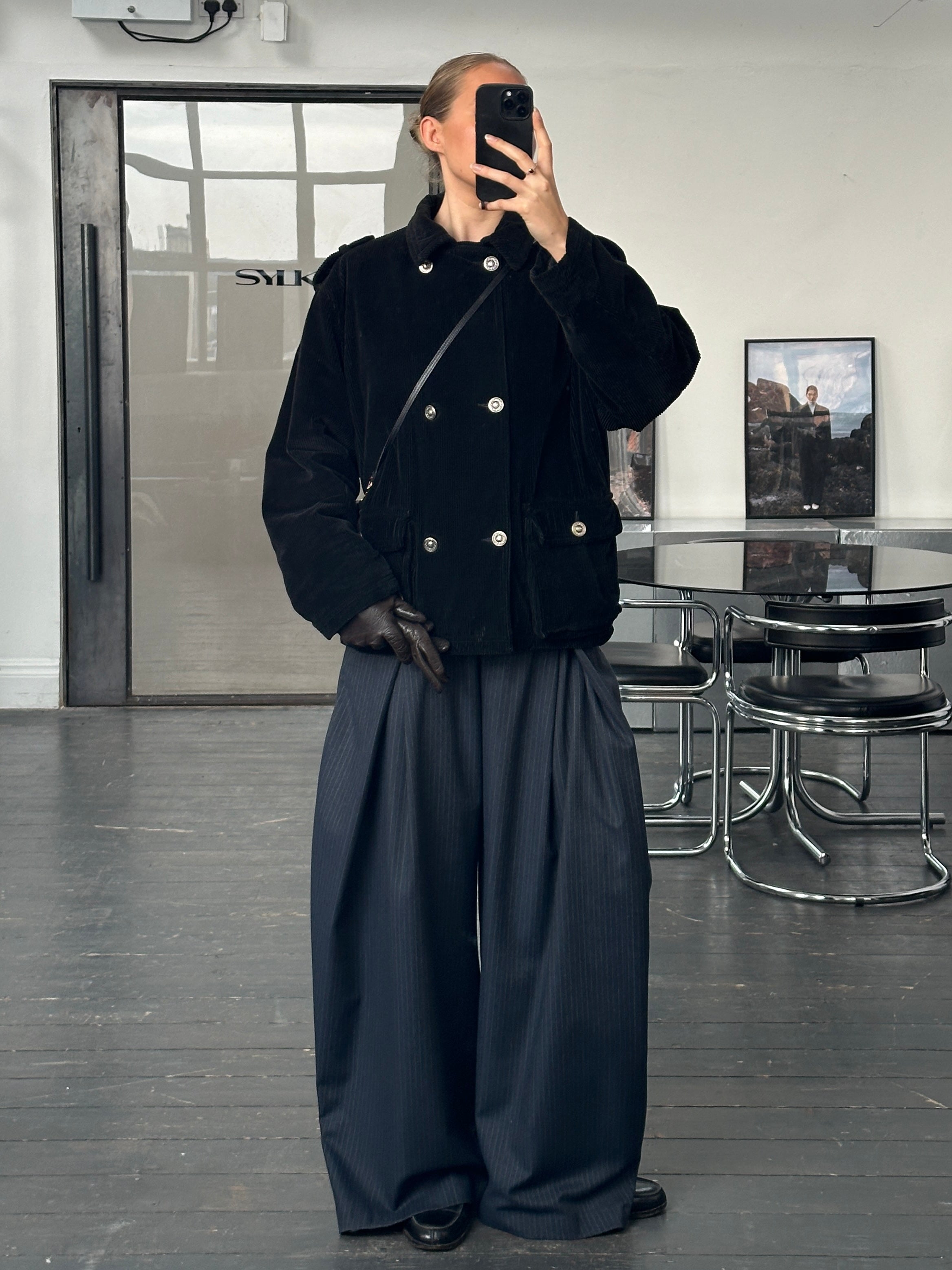 Versace Sport 1990s bespoke Medusa button corduroy double-breasted coat in XL, featuring classic design and Medusa embellishments.