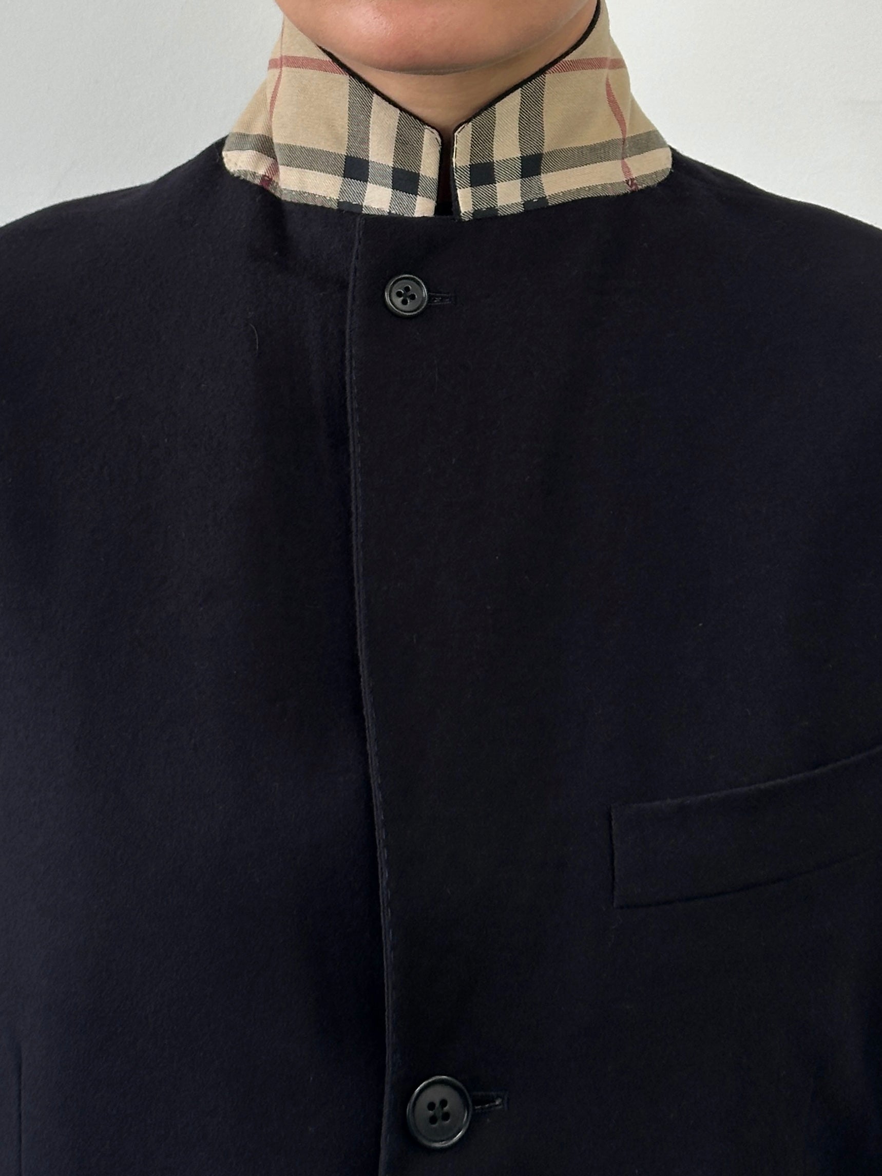 Burberry London high neck Nova check wool blazer in size 38R/M, featuring a classic check pattern and tailored fit.