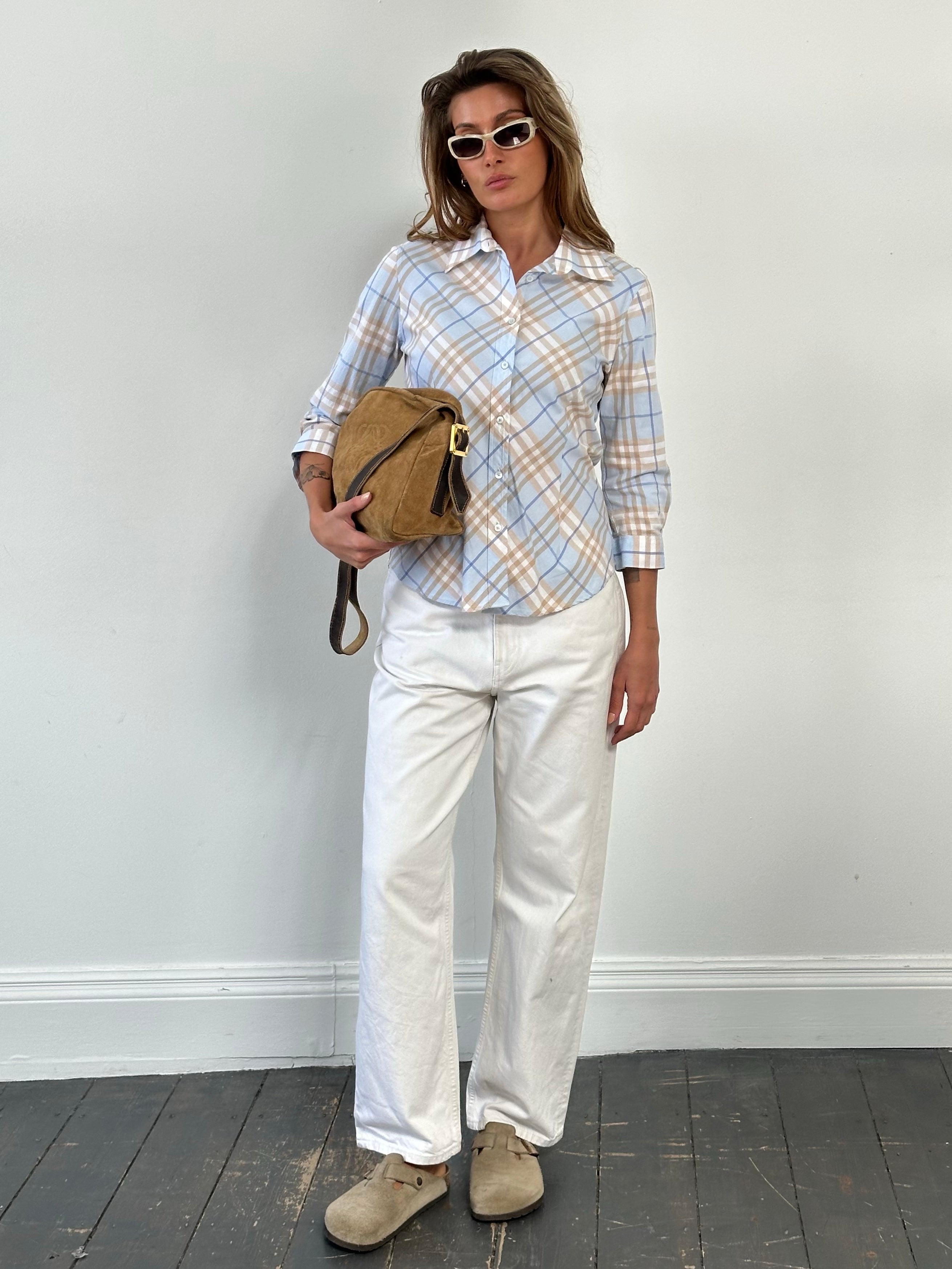 Burberry London 2000s cotton check shirt in size S, featuring classic plaid pattern and button-down style.